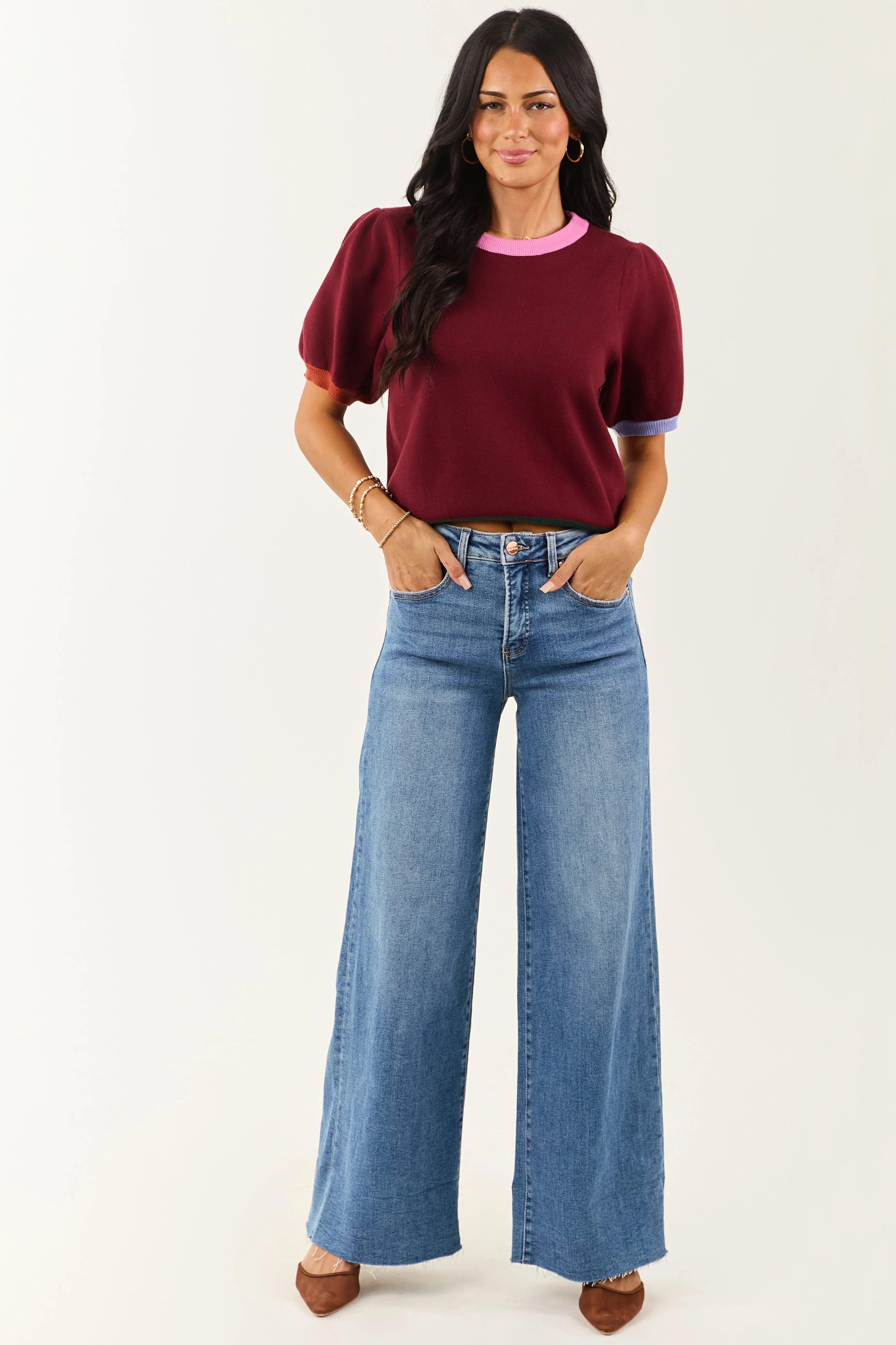 Entro Burgundy Colorblock Puff Sleeve Sweater Top sold by Lime Lush product image thumbnail 2