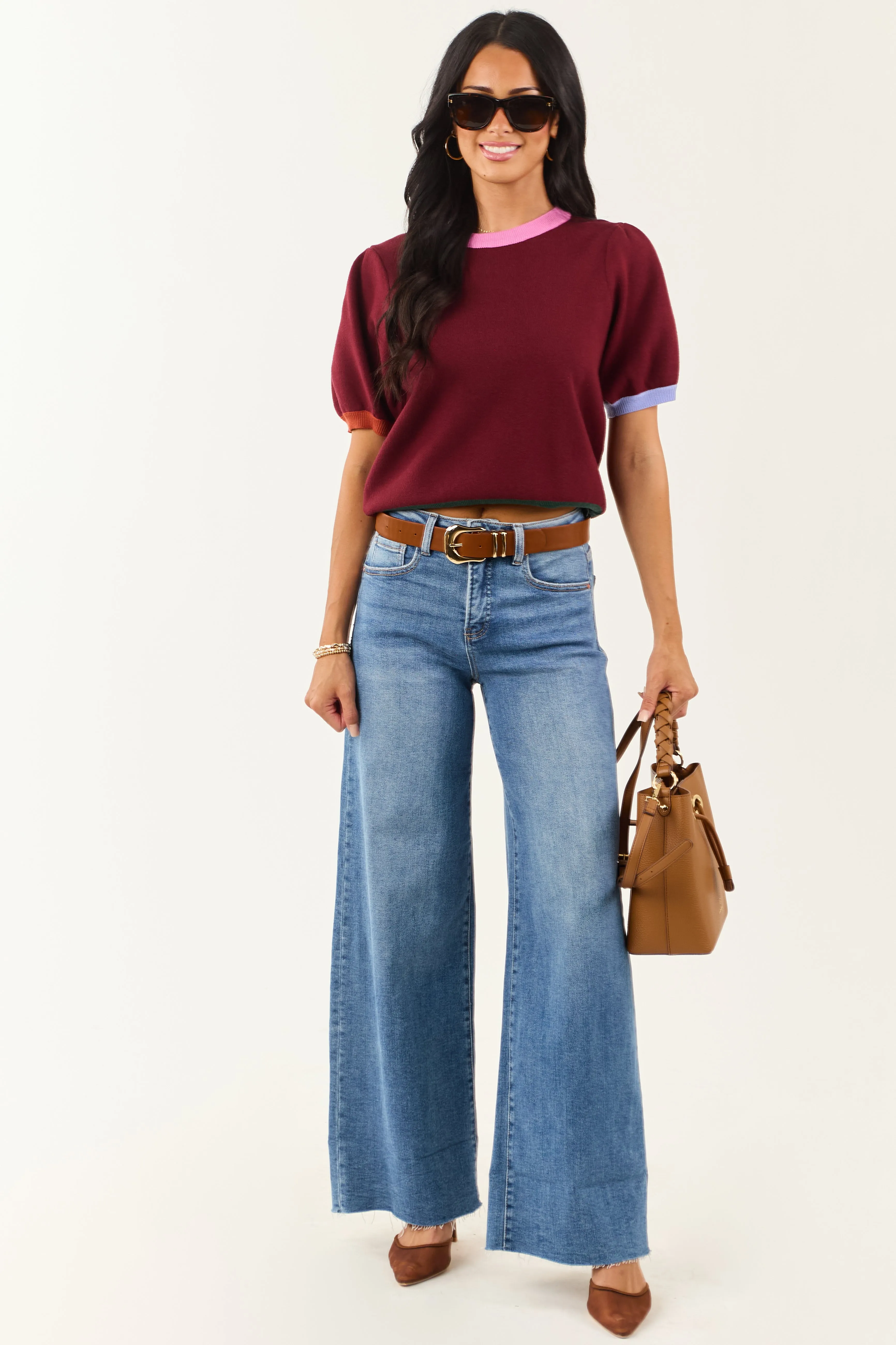 Entro Burgundy Colorblock Puff Sleeve Sweater Top sold by Lime Lush product image thumbnail 3