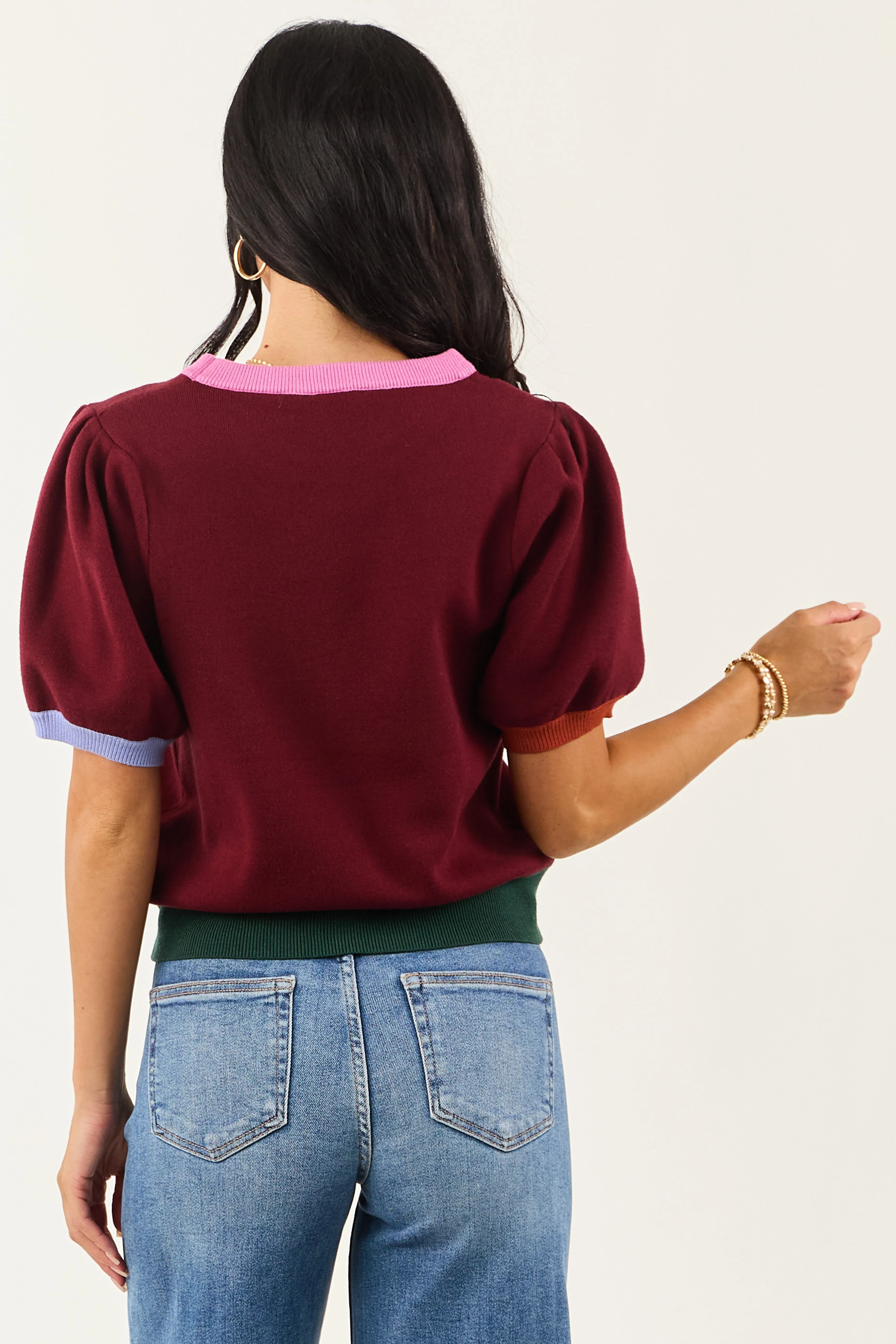 Entro Burgundy Colorblock Puff Sleeve Sweater Top sold by Lime Lush product image thumbnail 5