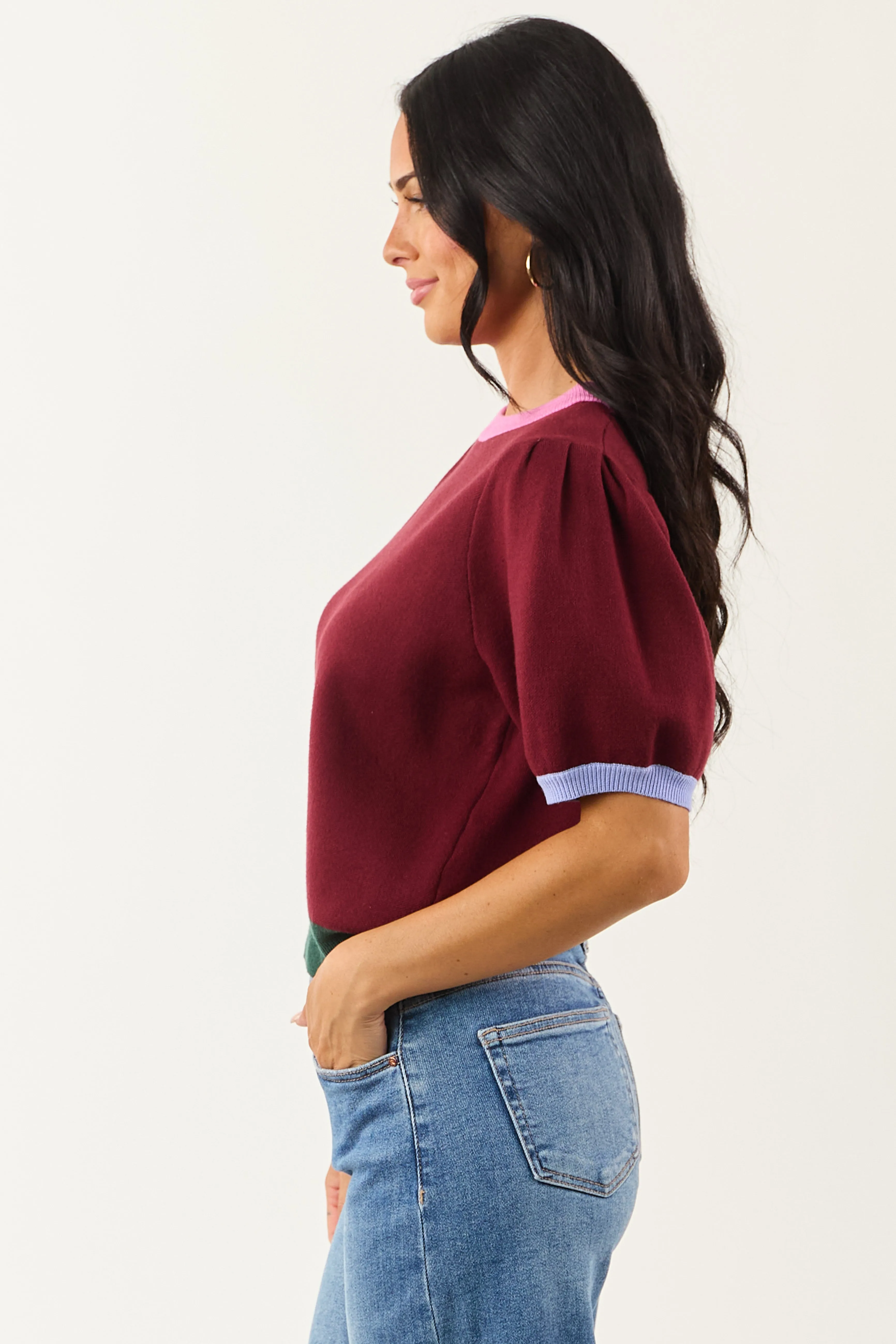 Entro Burgundy Colorblock Puff Sleeve Sweater Top sold by Lime Lush product image thumbnail 4