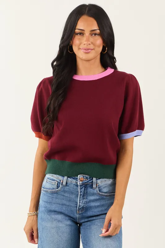 Entro Burgundy Colorblock Puff Sleeve Sweater Top sold by Lime Lush