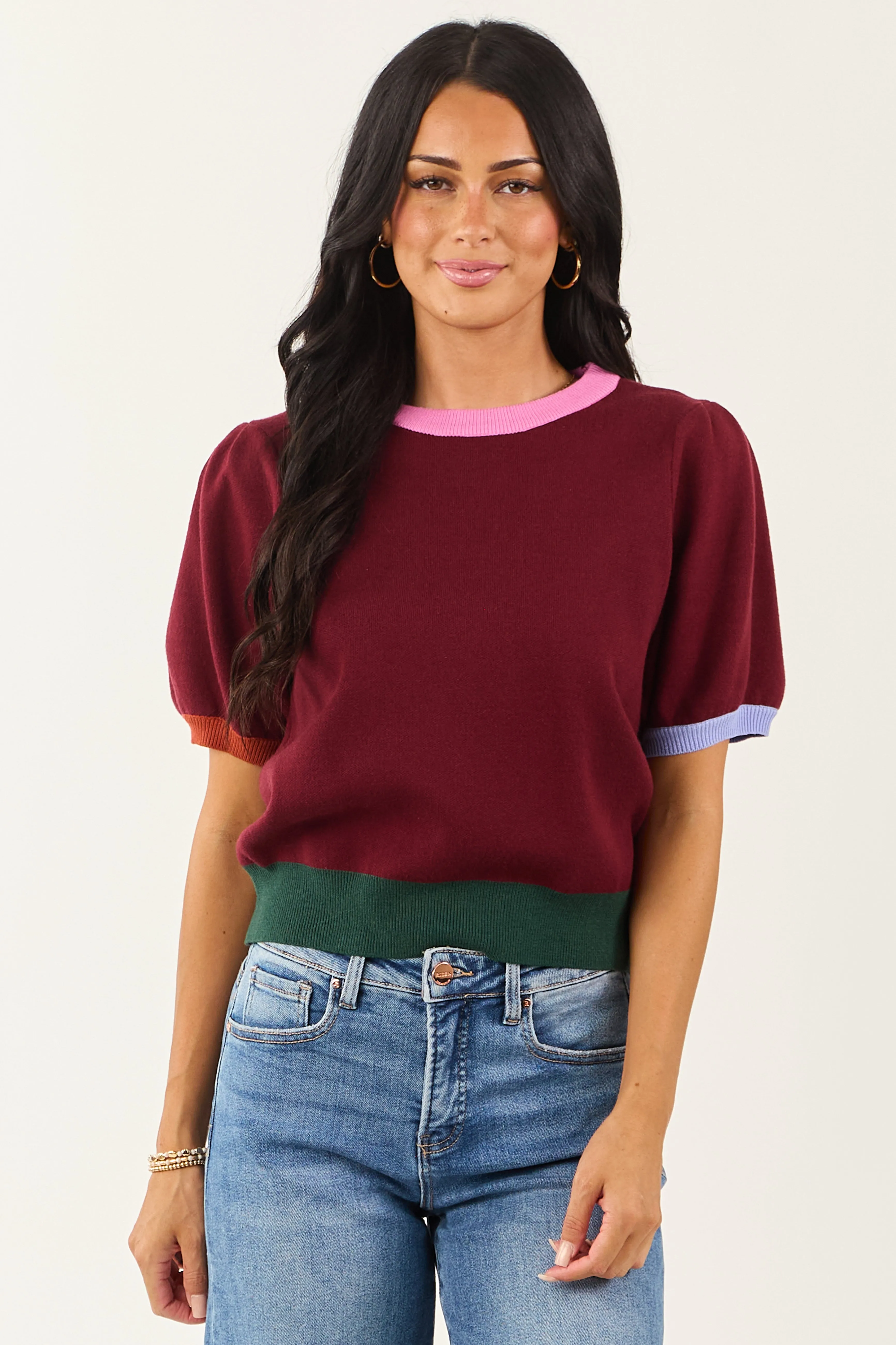 Entro Burgundy Colorblock Puff Sleeve Sweater Top sold by Lime Lush