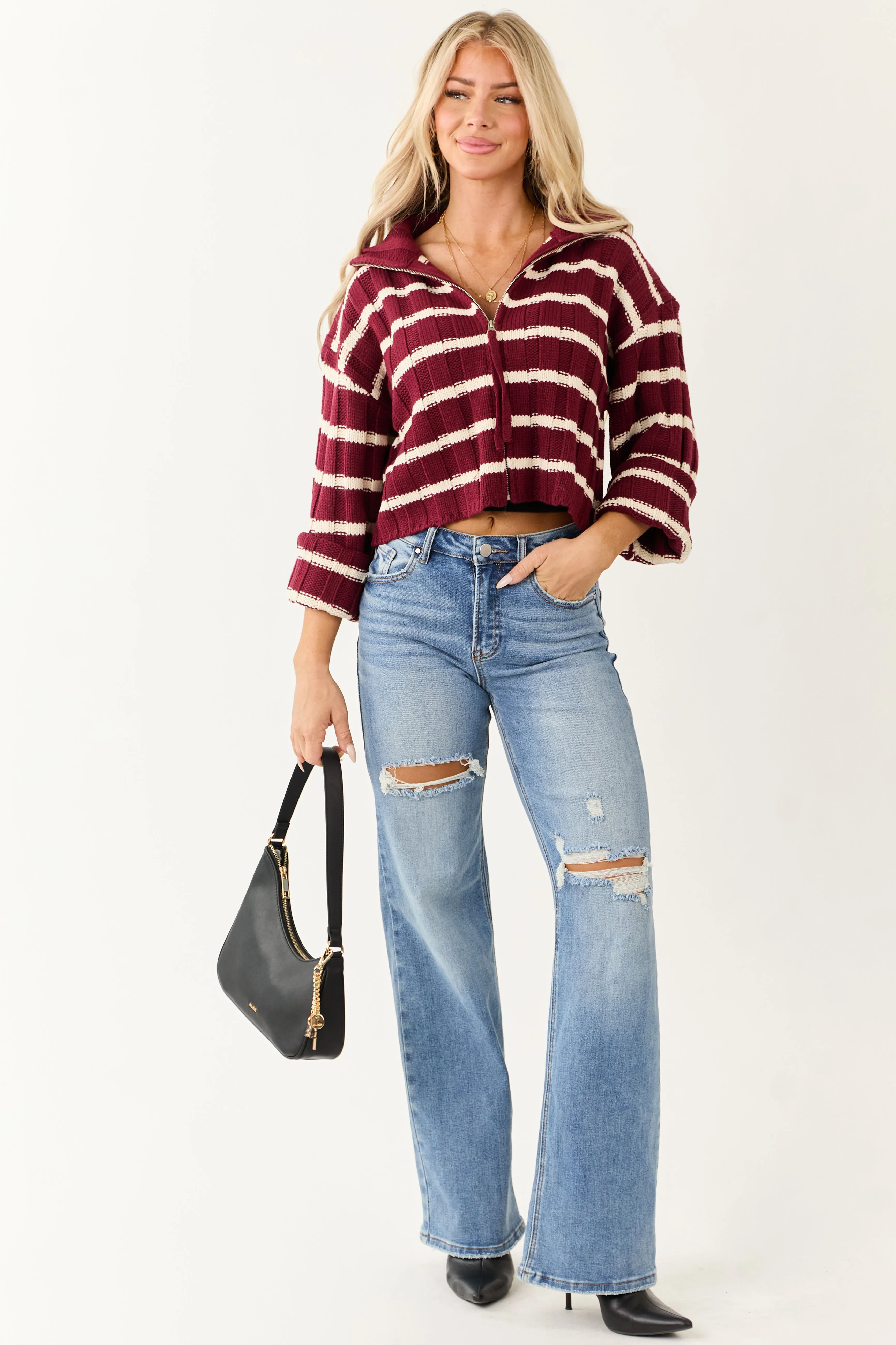 Wine and Cream Striped Zip Up Sweater Jacket sold by Lime Lush product image thumbnail 2