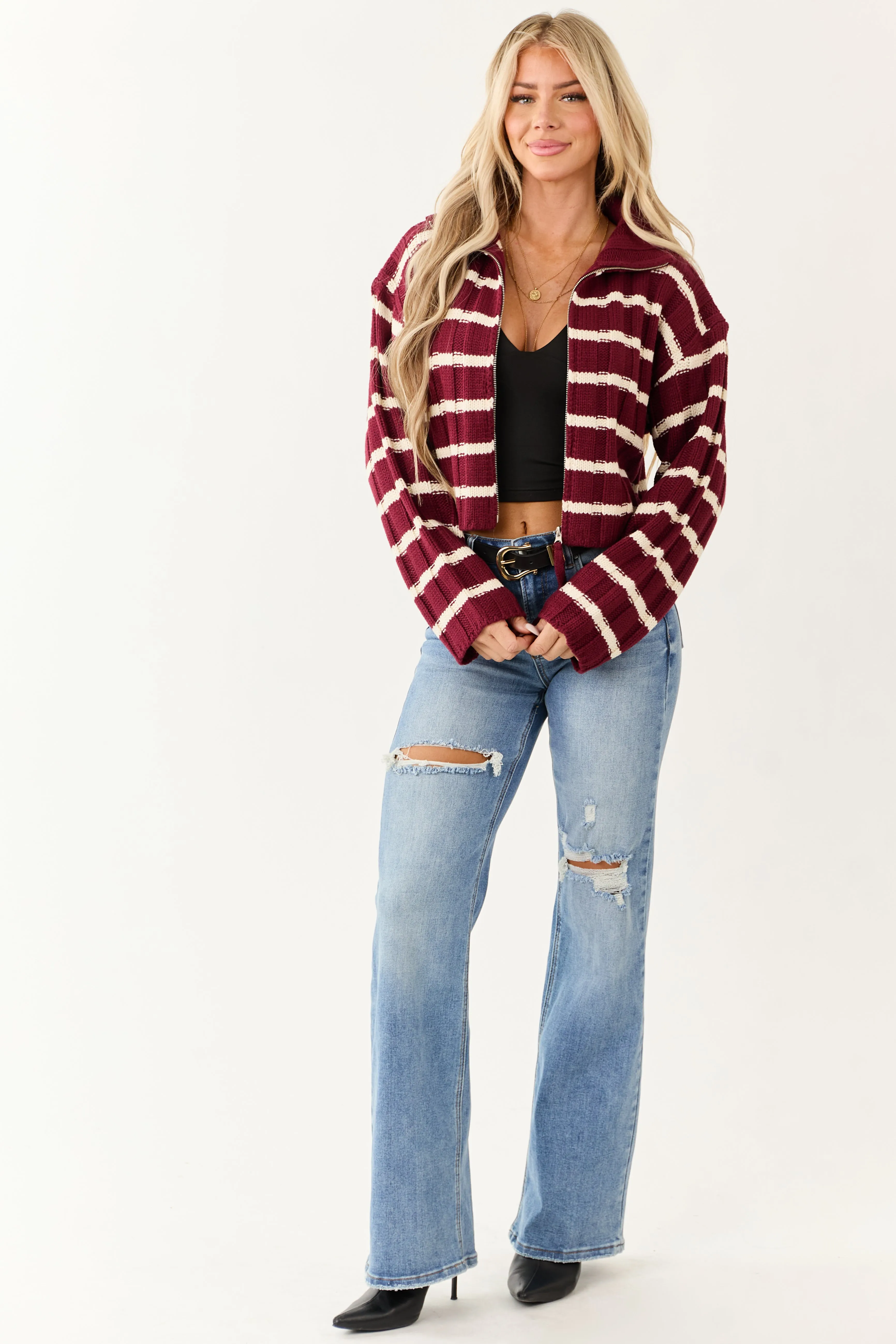 Wine and Cream Striped Zip Up Sweater Jacket sold by Lime Lush product image thumbnail 3