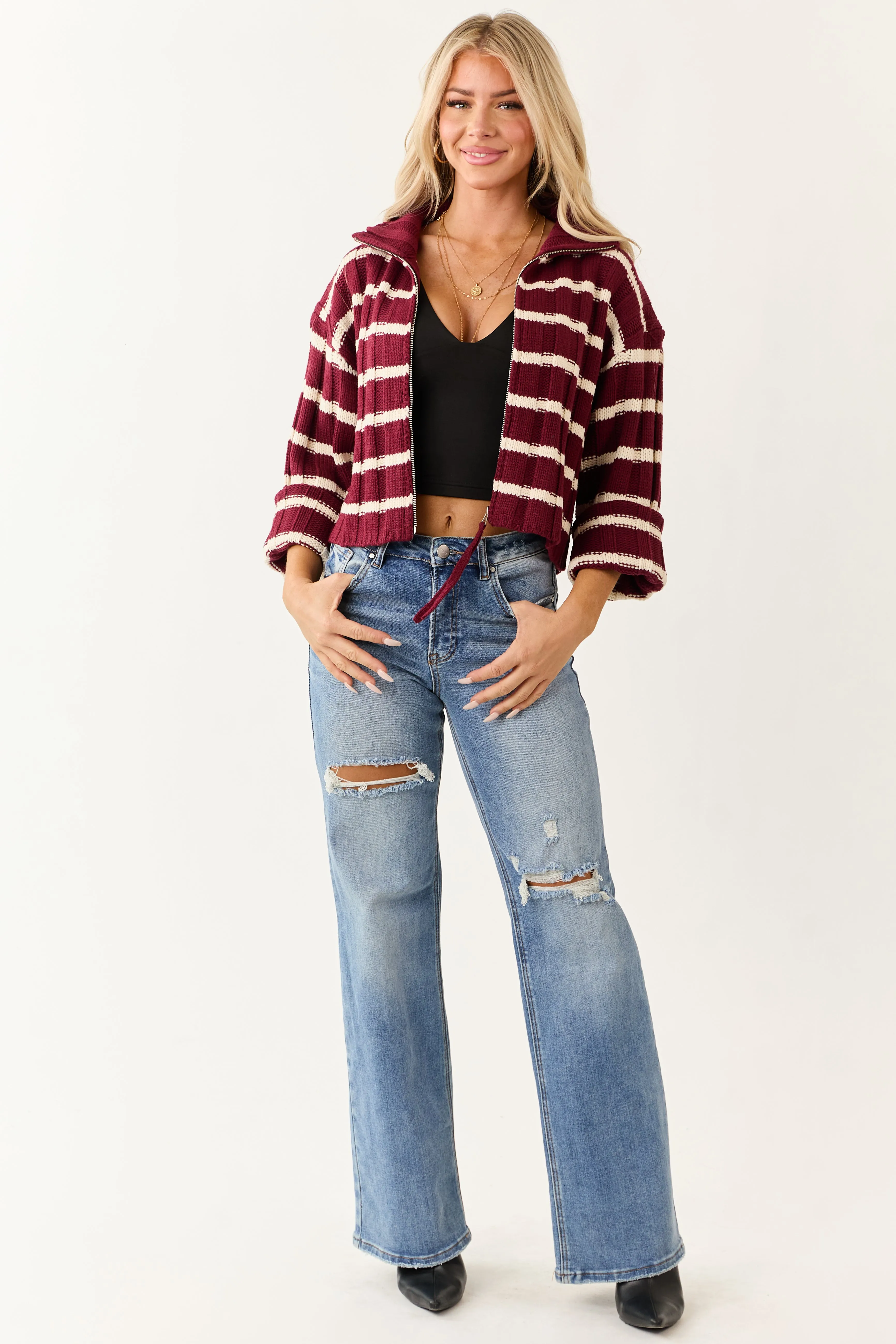 Wine and Cream Striped Zip Up Sweater Jacket sold by Lime Lush product image thumbnail 4