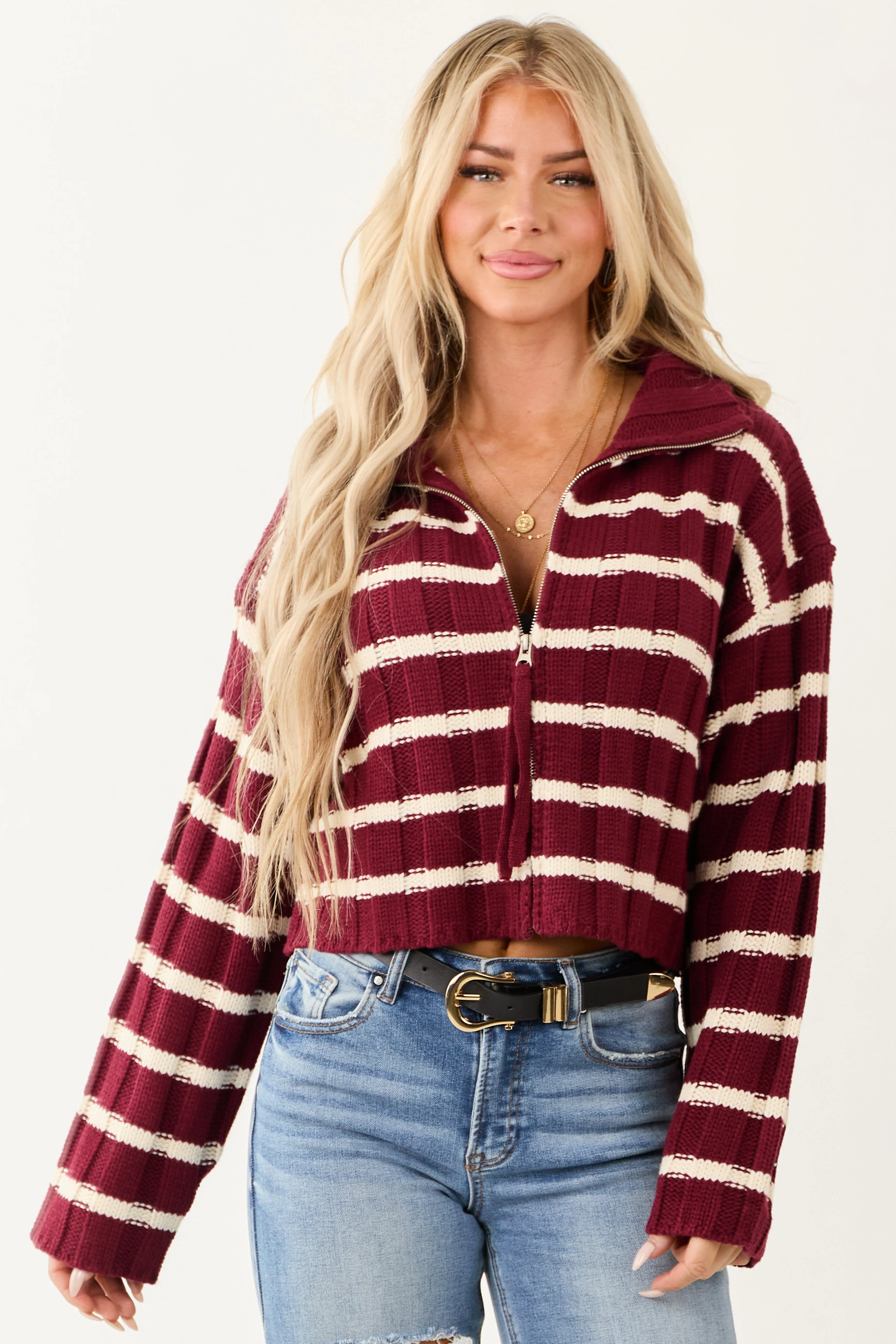 Wine and Cream Striped Zip Up Sweater Jacket sold by Lime Lush