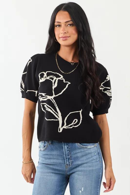 Entro Black Rose Graphic Puff Sleeve Sweater Top sold by Lime Lush