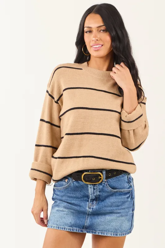 Camel and Black Long Sleeve Striped Sweater sold by Lime Lush