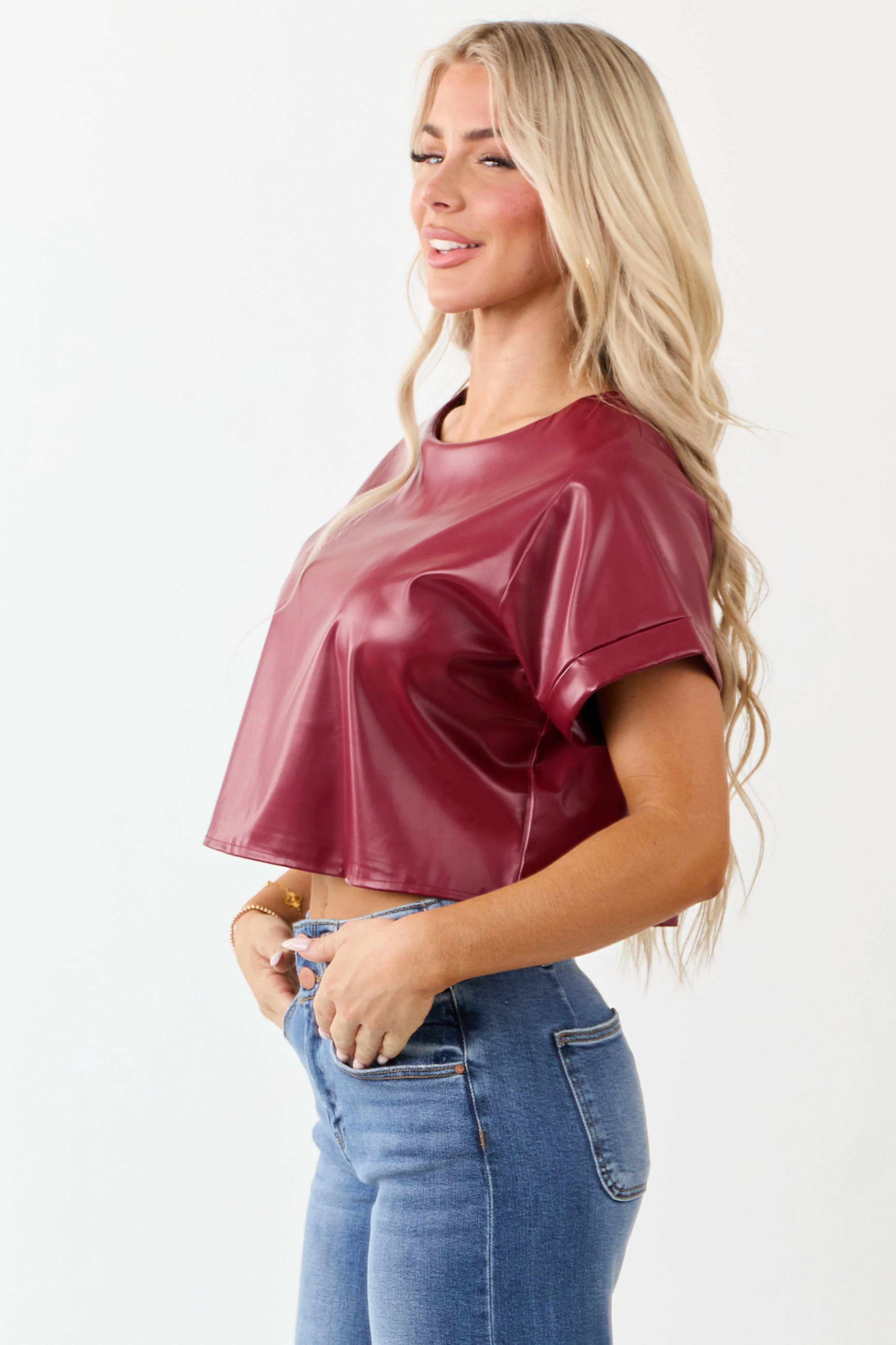 Cherry Faux Leather Boxy Fit Crop Top sold by Lime Lush product image thumbnail 5