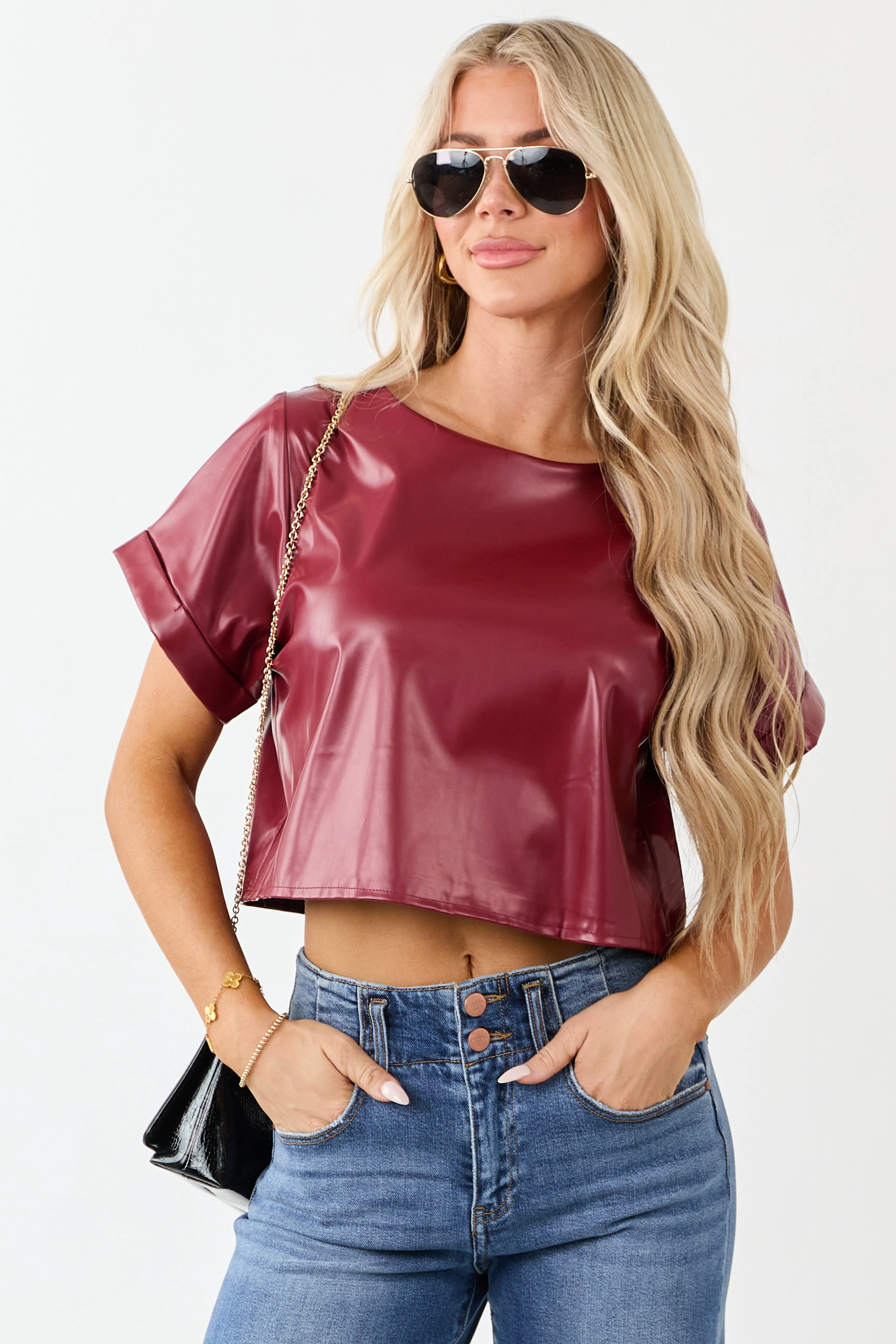 Cherry Faux Leather Boxy Fit Crop Top sold by Lime Lush