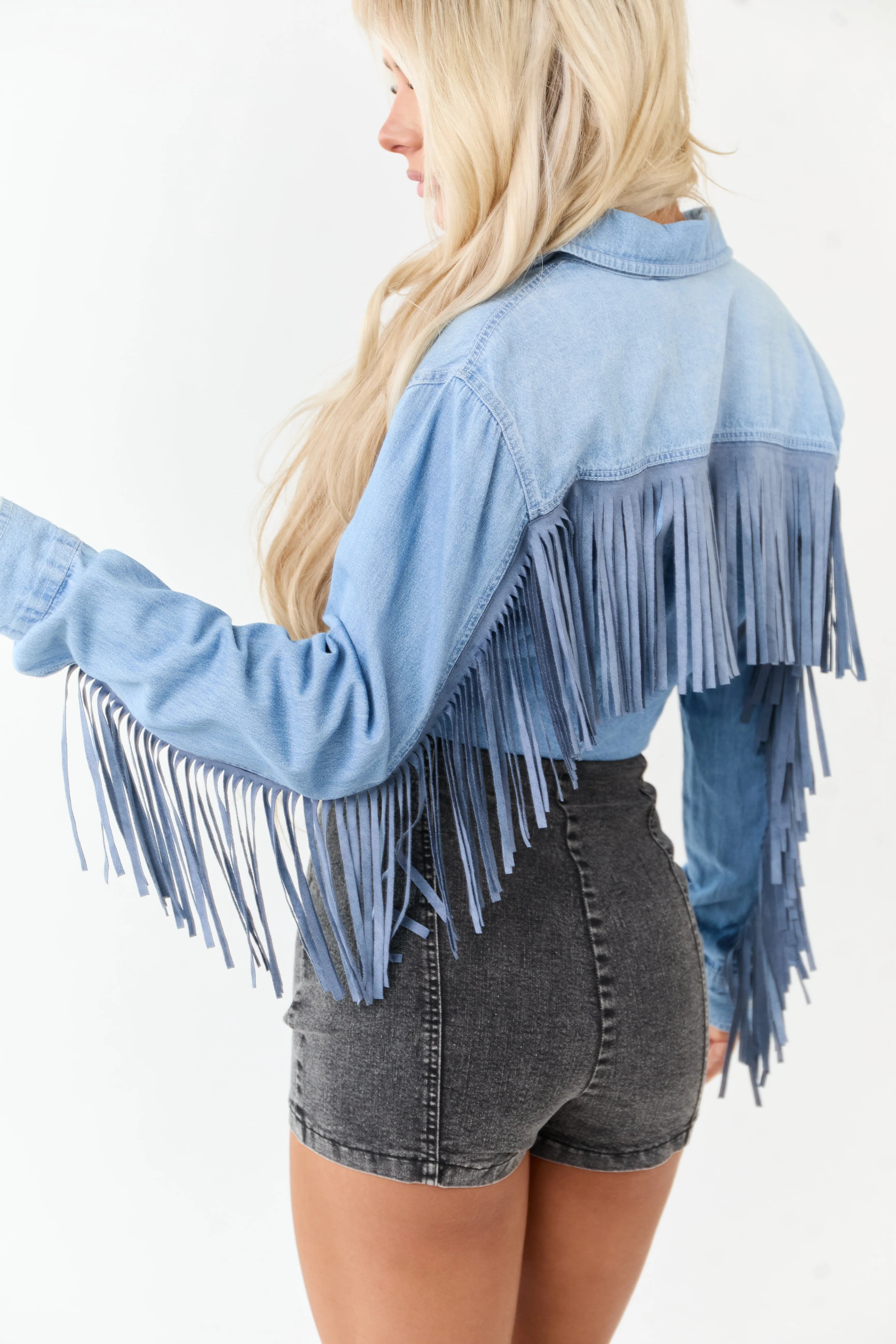 Light Wash Denim Button Up Tie Front Fringe Top sold by Lime Lush product image thumbnail 5