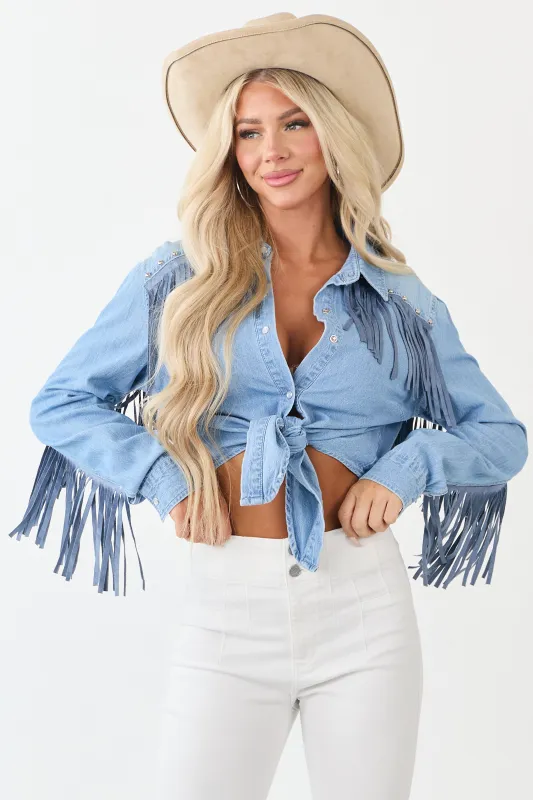 Light Wash Denim Button Up Tie Front Fringe Top sold by Lime Lush