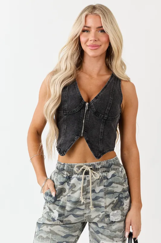 Black Zip Up V Neck Denim Vest sold by Lime Lush