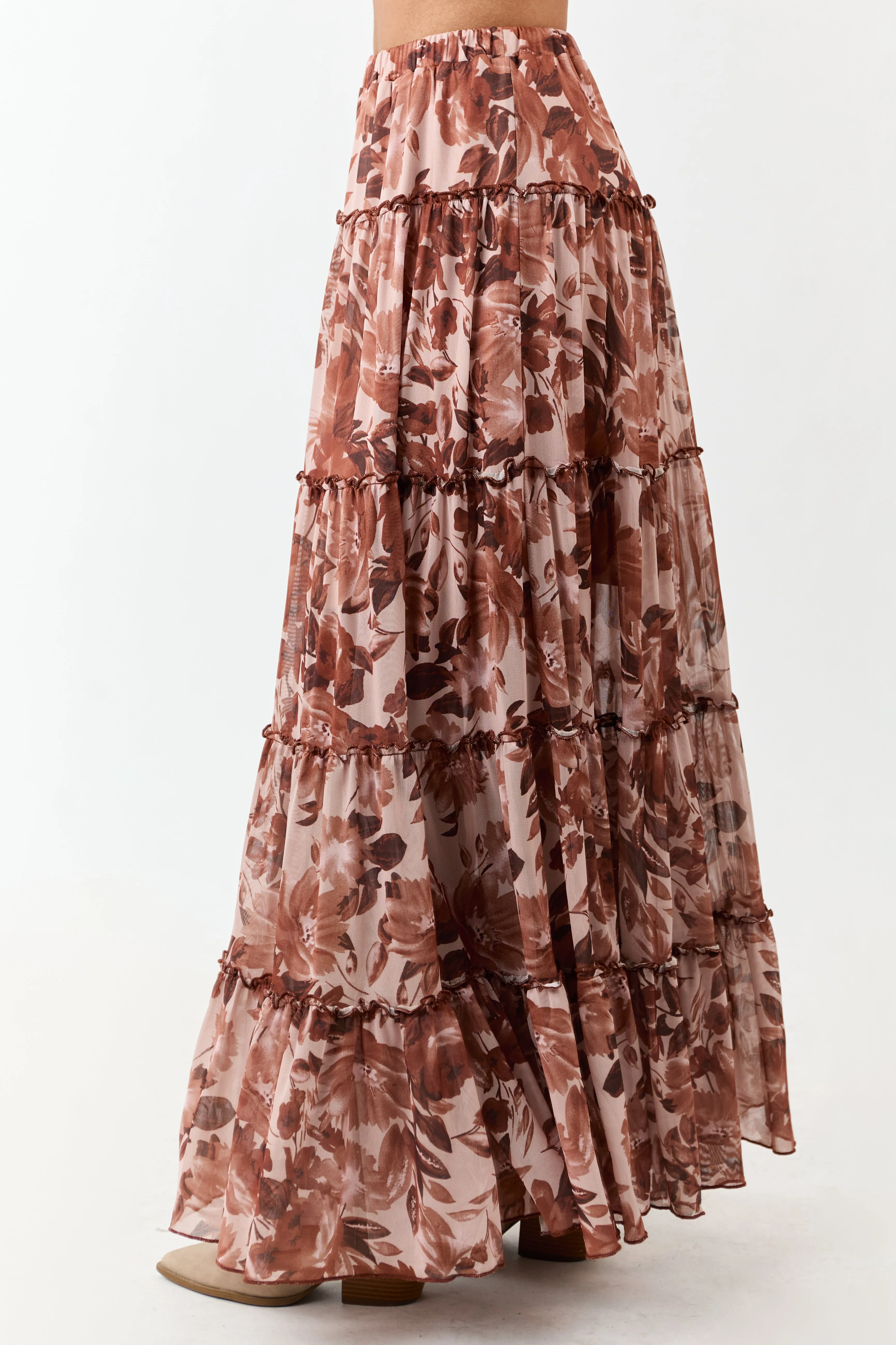 Rose Taupe Floral Soft Mesh Tiered Frill Maxi Skirt sold by Lime Lush product image thumbnail 3