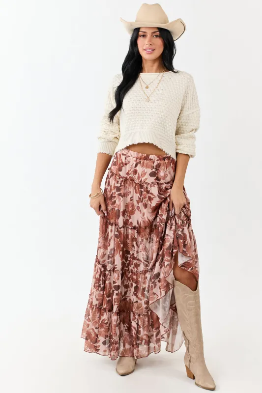 Rose Taupe Floral Soft Mesh Tiered Frill Maxi Skirt sold by Lime Lush
