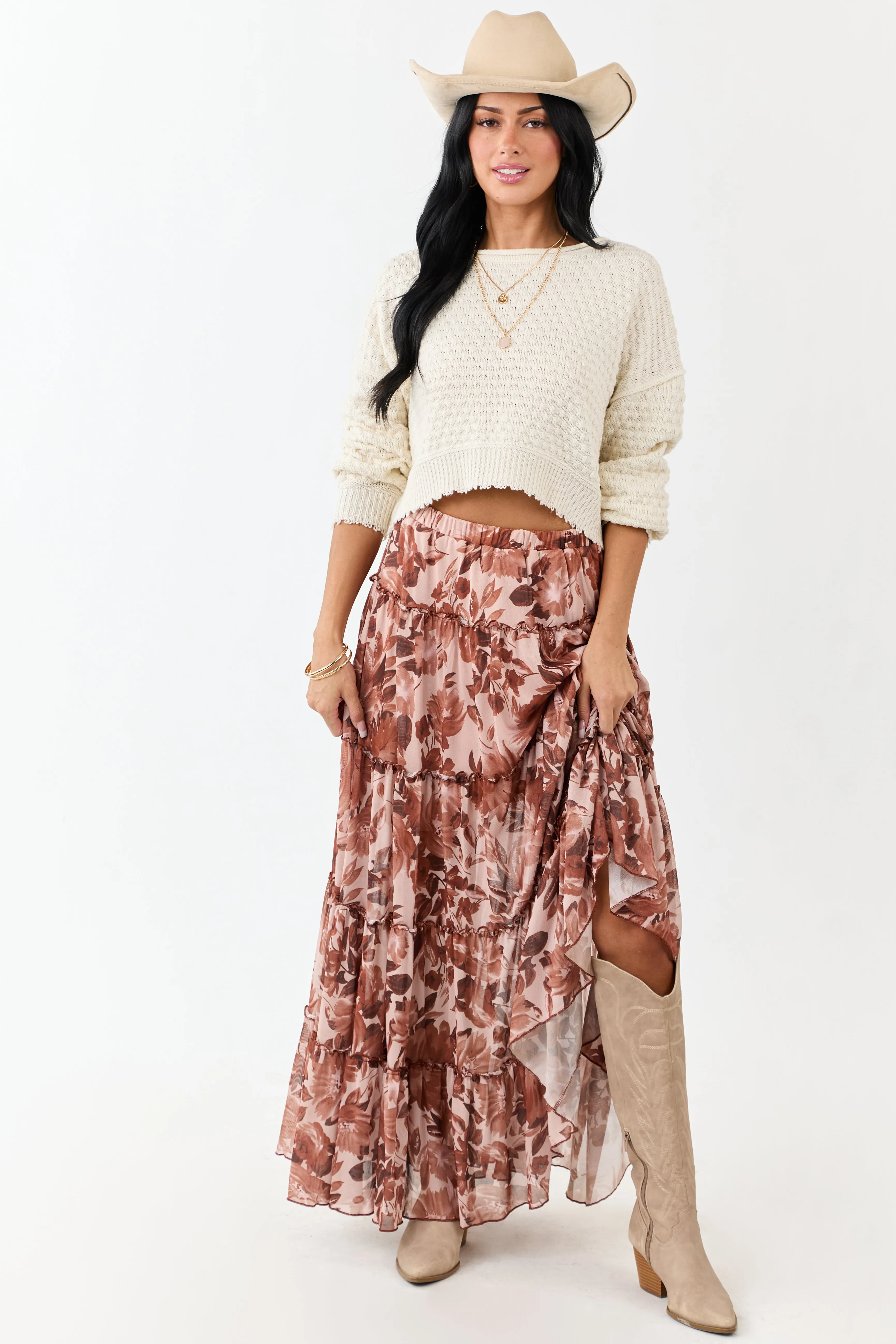 Rose Taupe Floral Soft Mesh Tiered Frill Maxi Skirt sold by Lime Lush