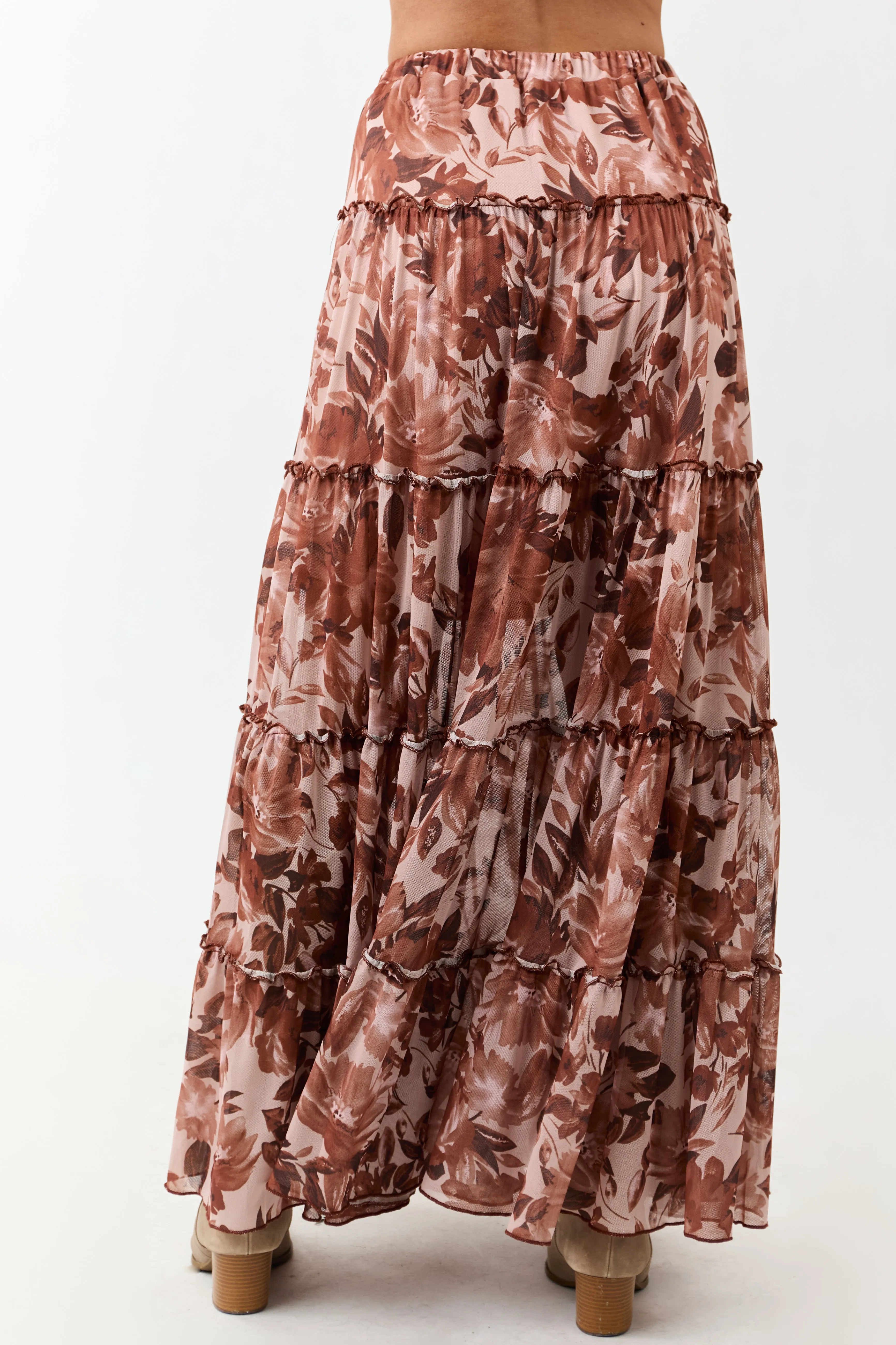 Rose Taupe Floral Soft Mesh Tiered Frill Maxi Skirt sold by Lime Lush product image thumbnail 4