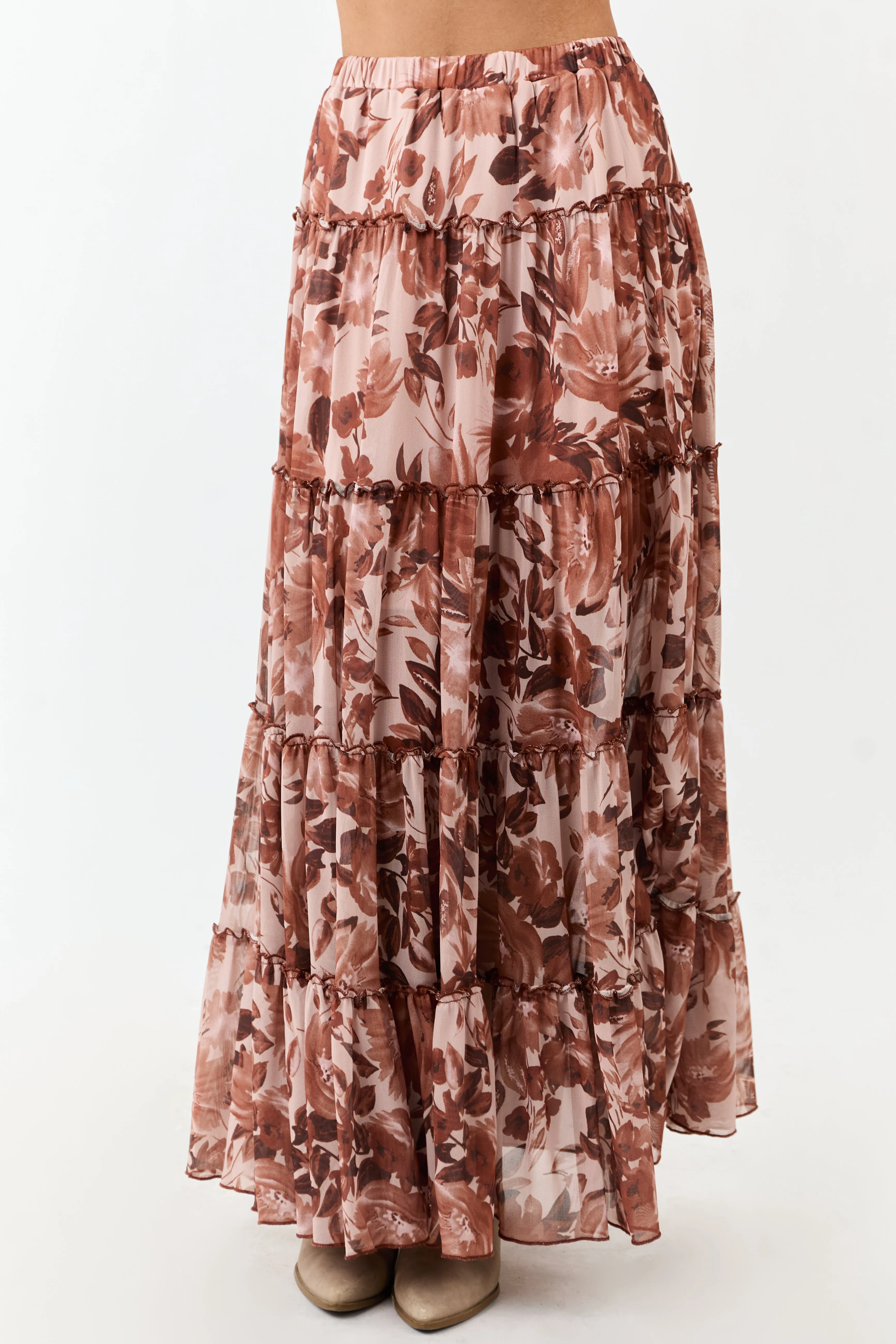 Rose Taupe Floral Soft Mesh Tiered Frill Maxi Skirt sold by Lime Lush product image thumbnail 2