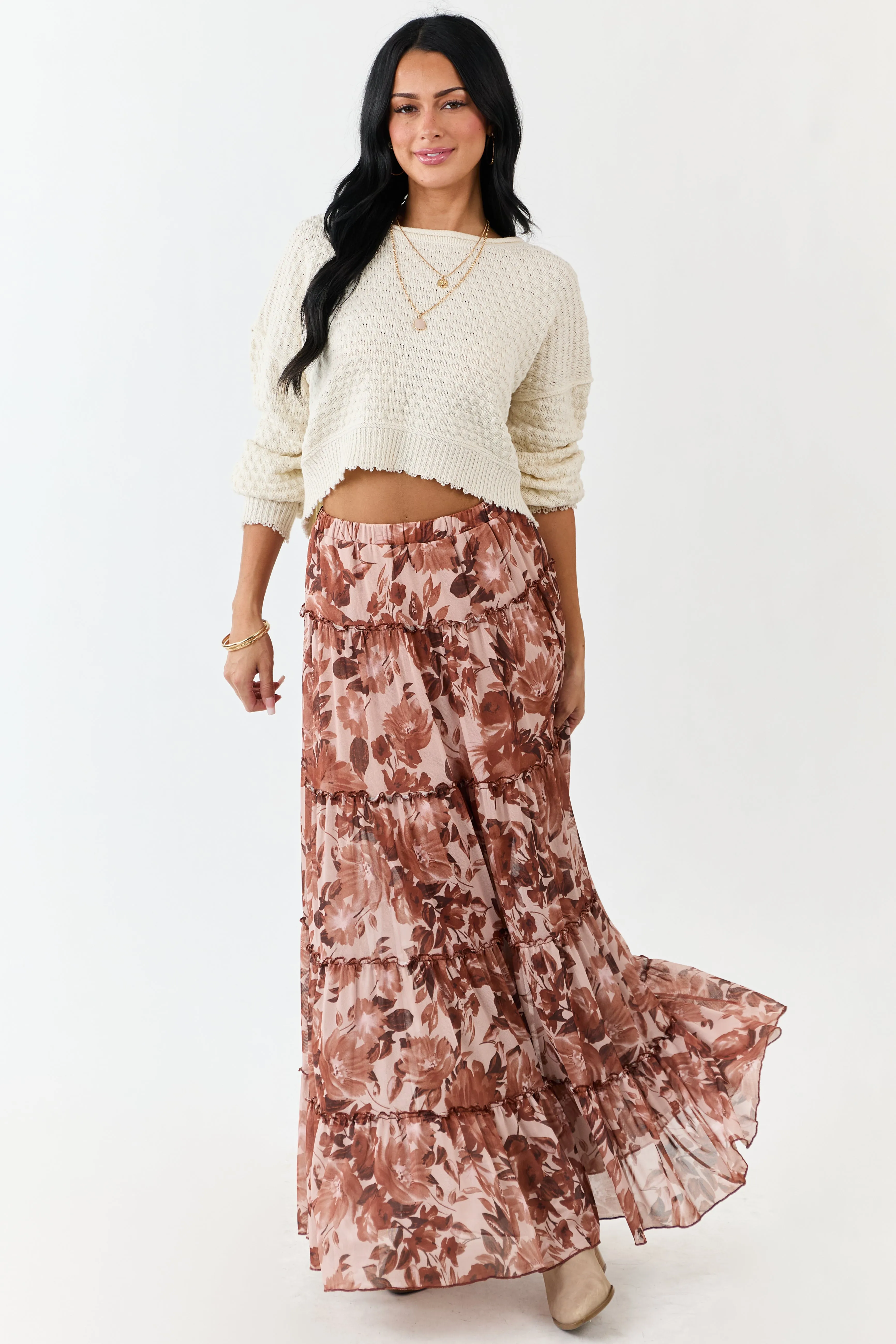 Rose Taupe Floral Soft Mesh Tiered Frill Maxi Skirt sold by Lime Lush product image thumbnail 5