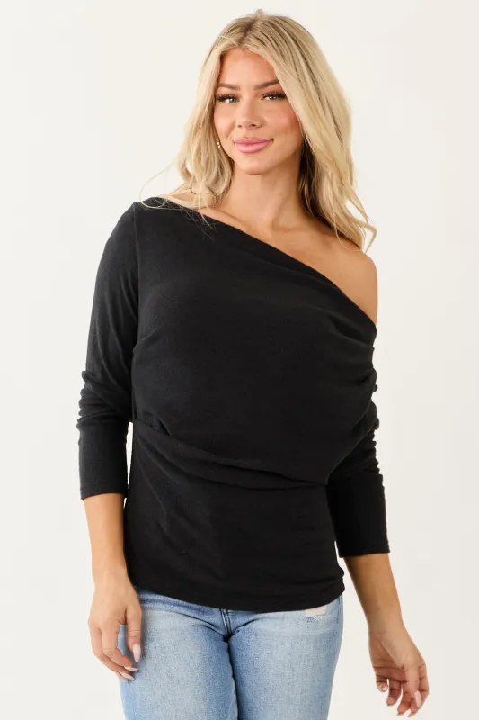 Black One Shoulder Ruched Long Sleeve Top sold by Lime Lush