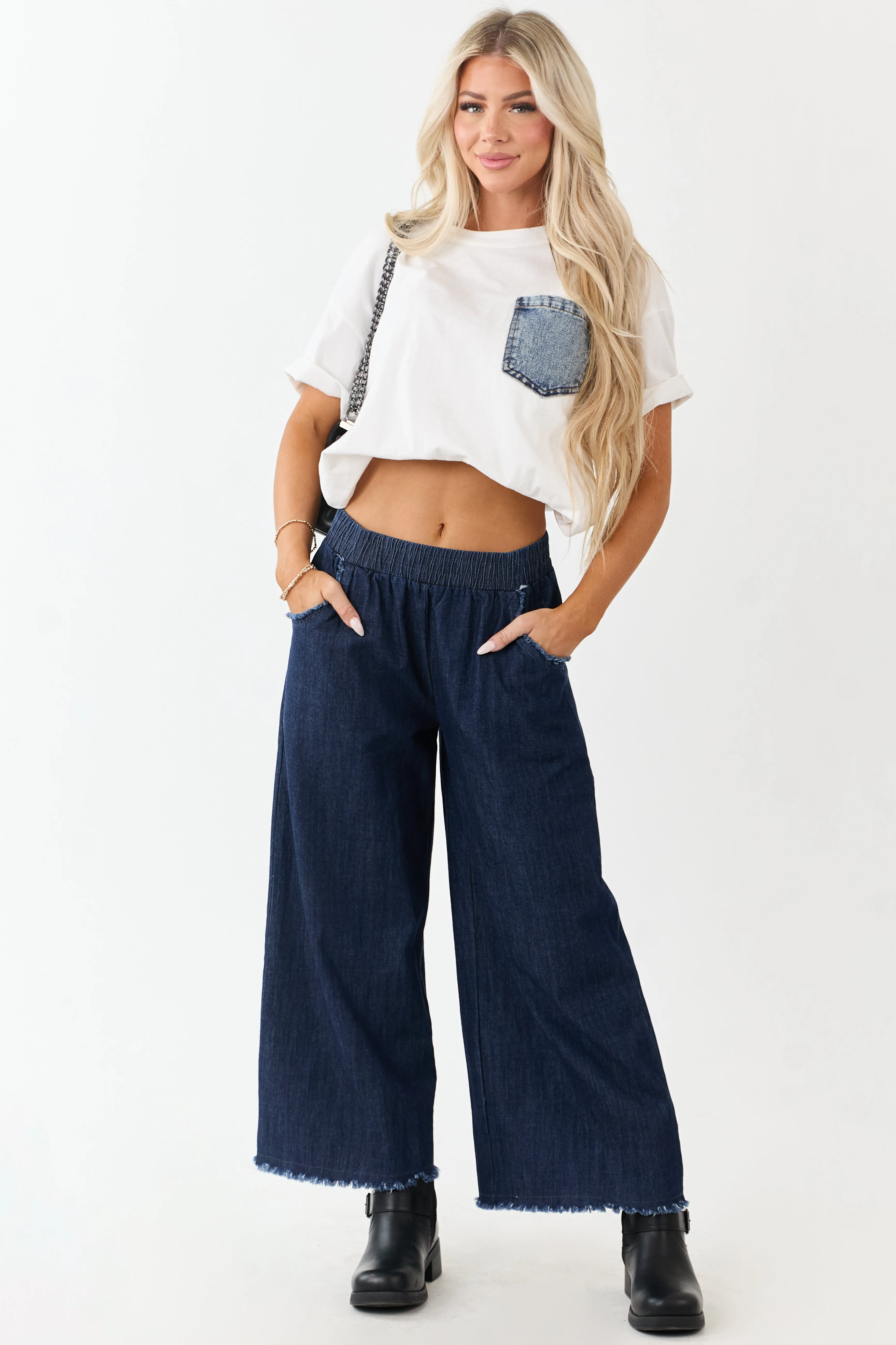 Dark Wash Wide Leg Cropped Chambray Pants sold by Lime Lush product image thumbnail 5