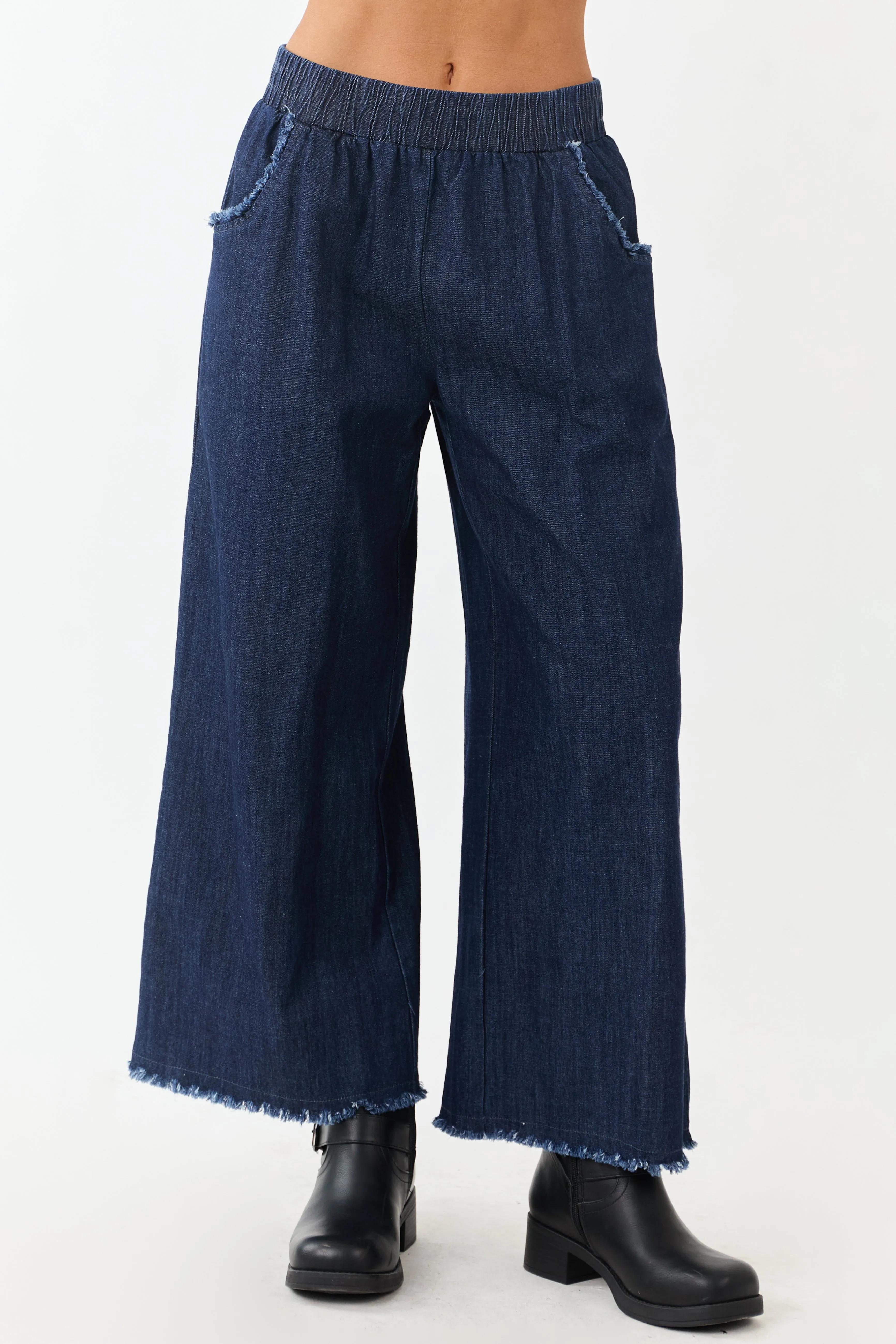 Dark Wash Wide Leg Cropped Chambray Pants sold by Lime Lush product image thumbnail 2