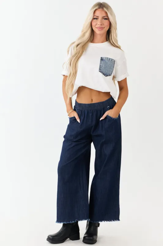 Dark Wash Wide Leg Cropped Chambray Pants sold by Lime Lush