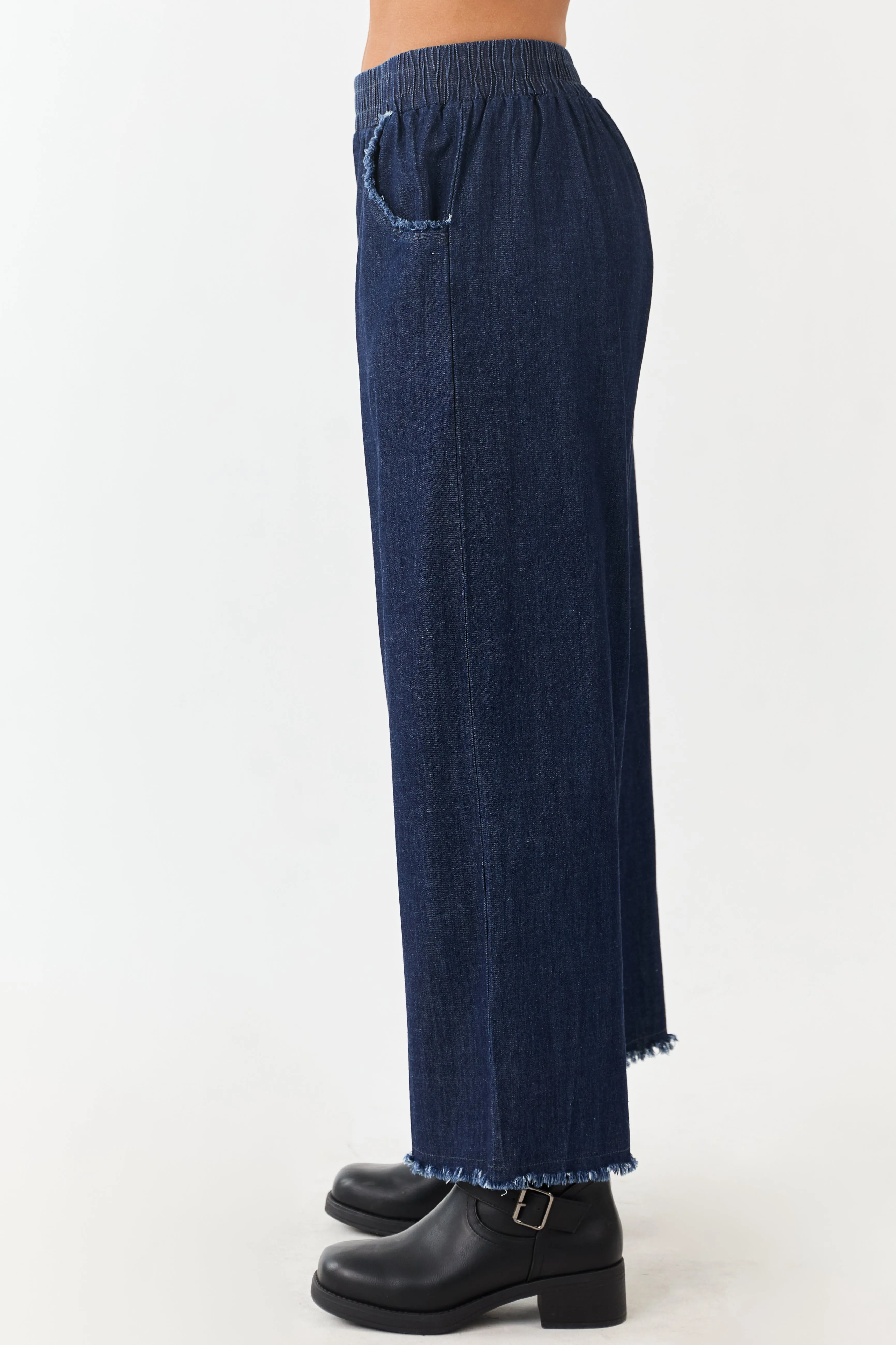 Dark Wash Wide Leg Cropped Chambray Pants sold by Lime Lush product image thumbnail 3