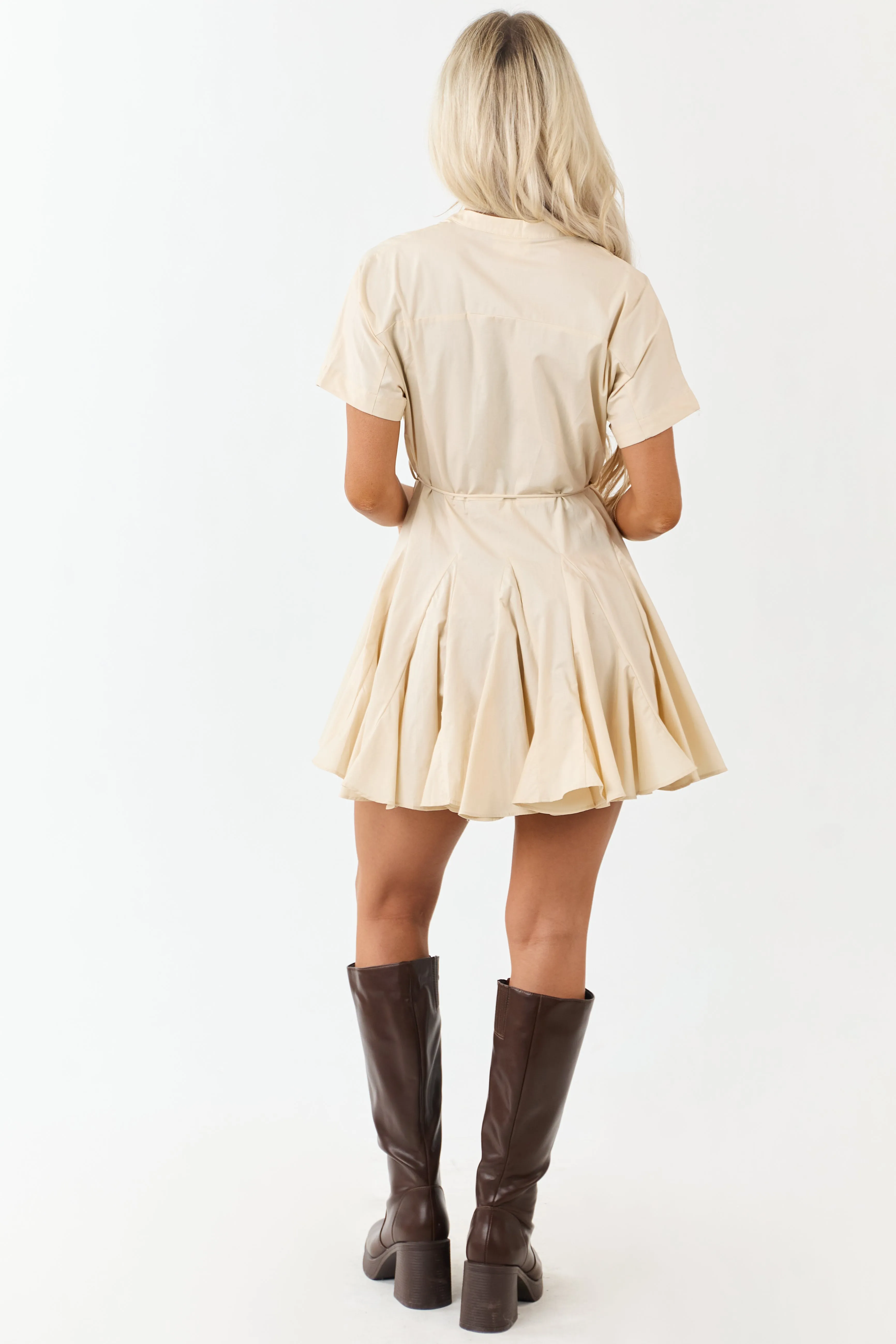 Beige Cotton Pleated Waist Tie Mini Shirt Dress sold by Lime Lush product image thumbnail 5