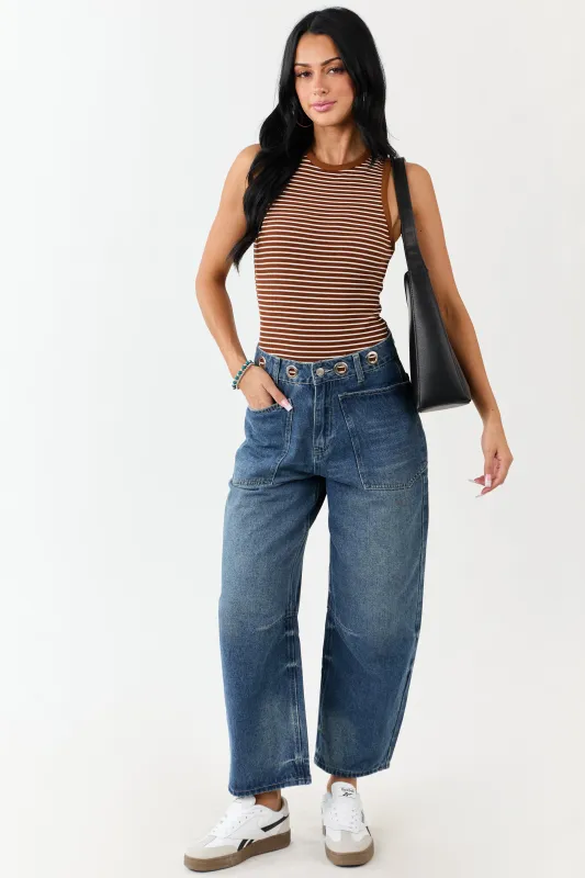 Medium Vintage Wash High Rise Drawstring Barrel Jeans sold by Lime Lush