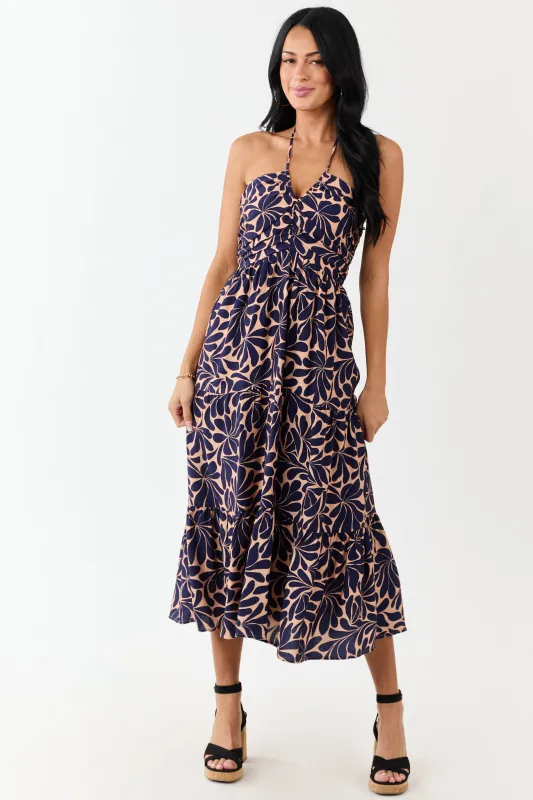 Apricot Botanical Abstract Print Halter Maxi Dress made by Day + Moon