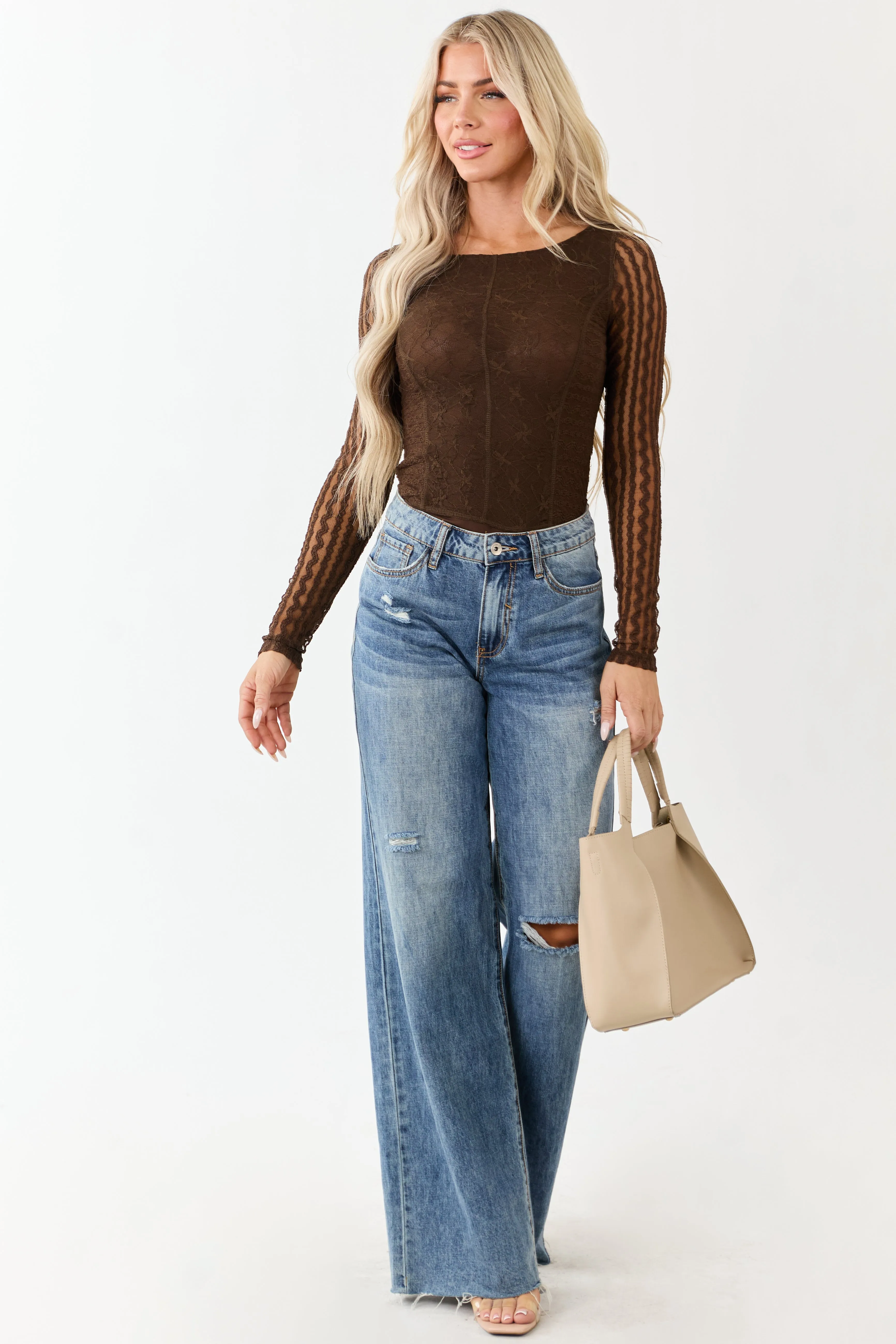 Cocoa Textured Lace Long Sleeve Mesh Bodysuit sold by Lime Lush product image thumbnail 4