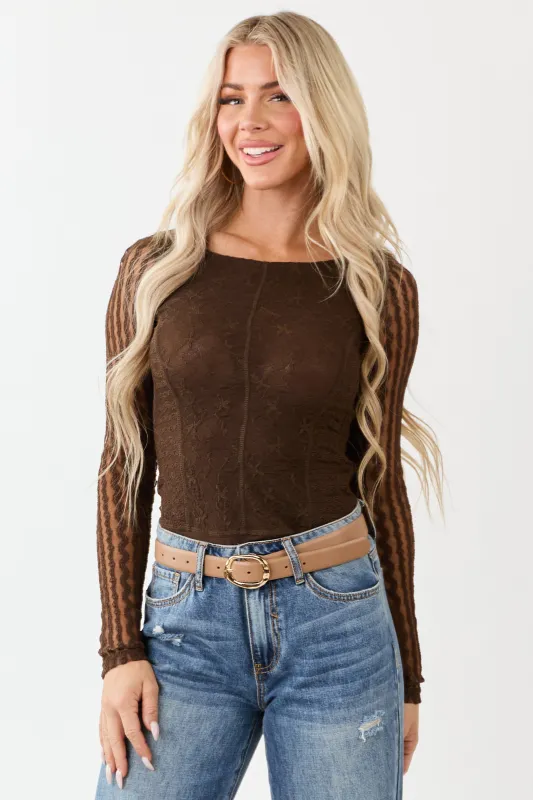 Cocoa Textured Lace Long Sleeve Mesh Bodysuit sold by Lime Lush
