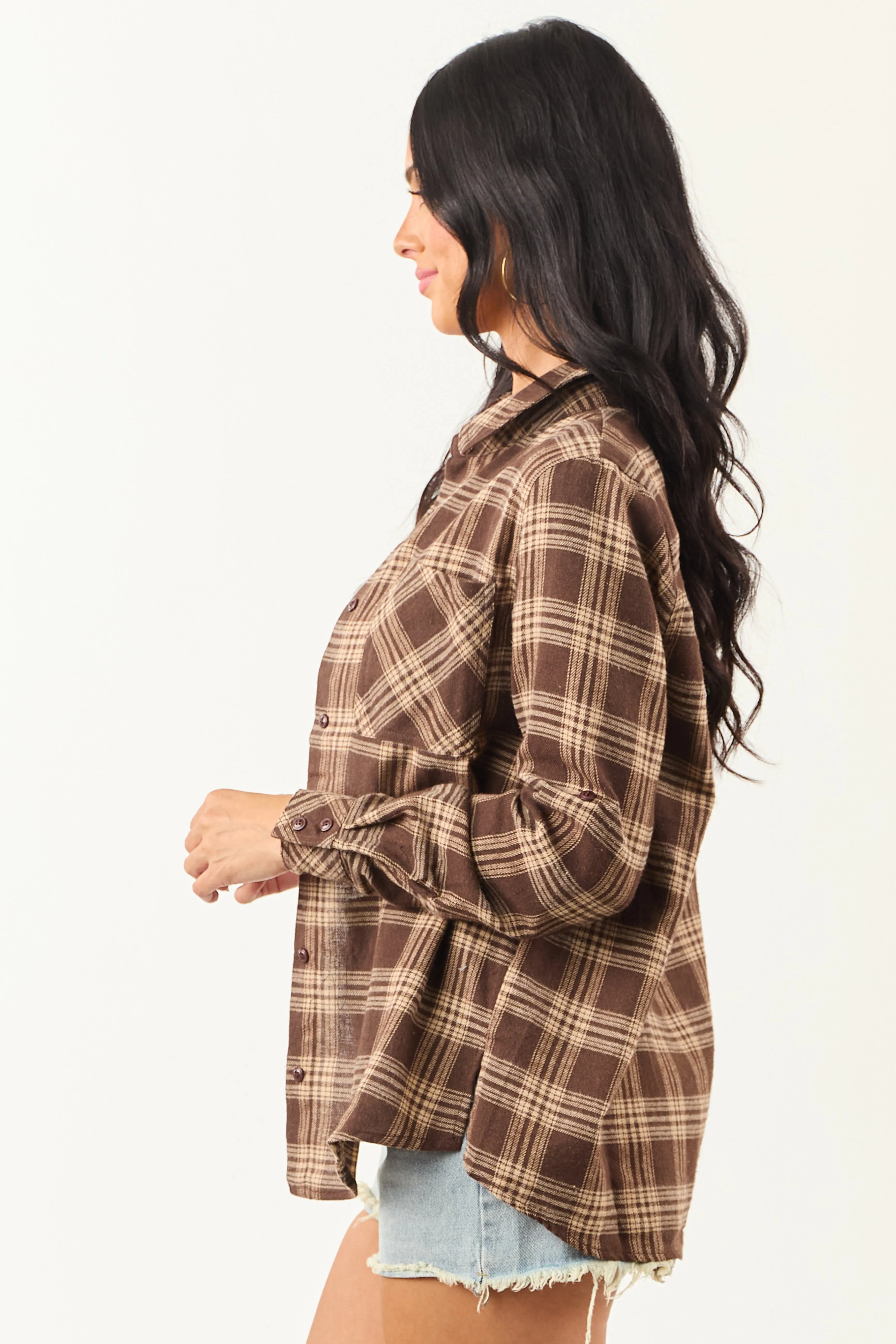 Cocoa and Camel Collared Flannel Long Sleeve Top sold by Lime Lush product image thumbnail 5