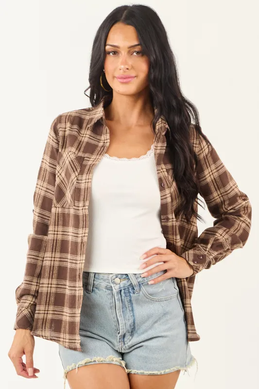 Cocoa and Camel Collared Flannel Long Sleeve Top sold by Lime Lush