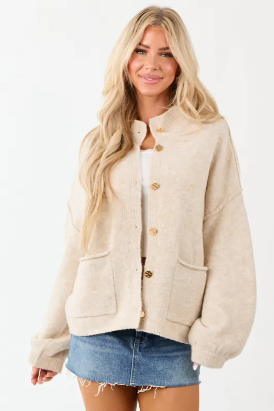Entro Champagne Button Up Knit Wool Blend Cardigan sold by Lime Lush
