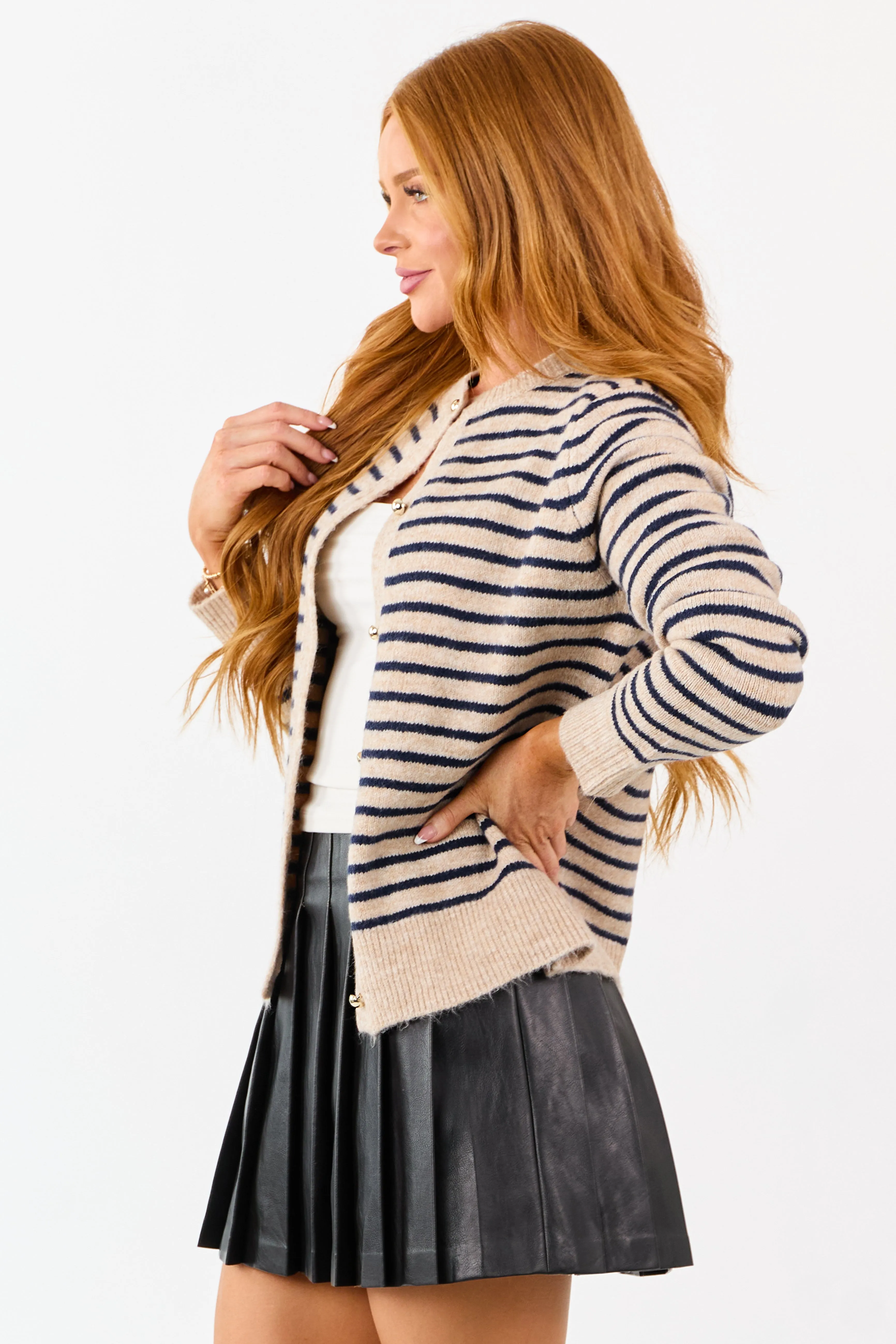 Latte Striped Button Down Crew Neck Cardigan sold by Lime Lush product image thumbnail 4
