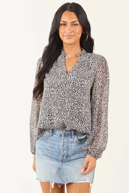 Slate Leopard Print Long Sleeve Frilled Top sold by Lime Lush