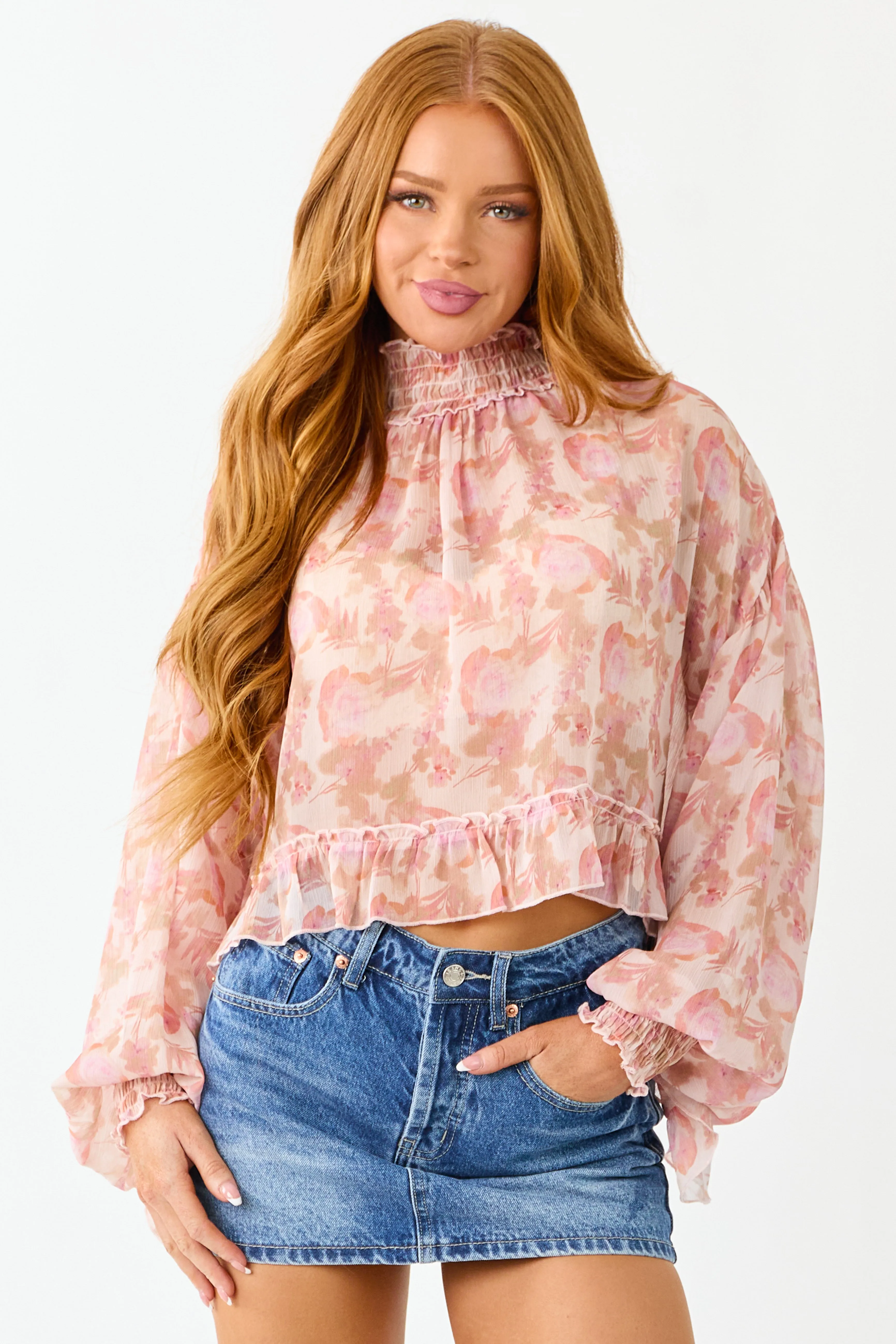 Tea Rose Floral Sheer Chiffon Smocked Trim Top sold by Lime Lush product image thumbnail 2