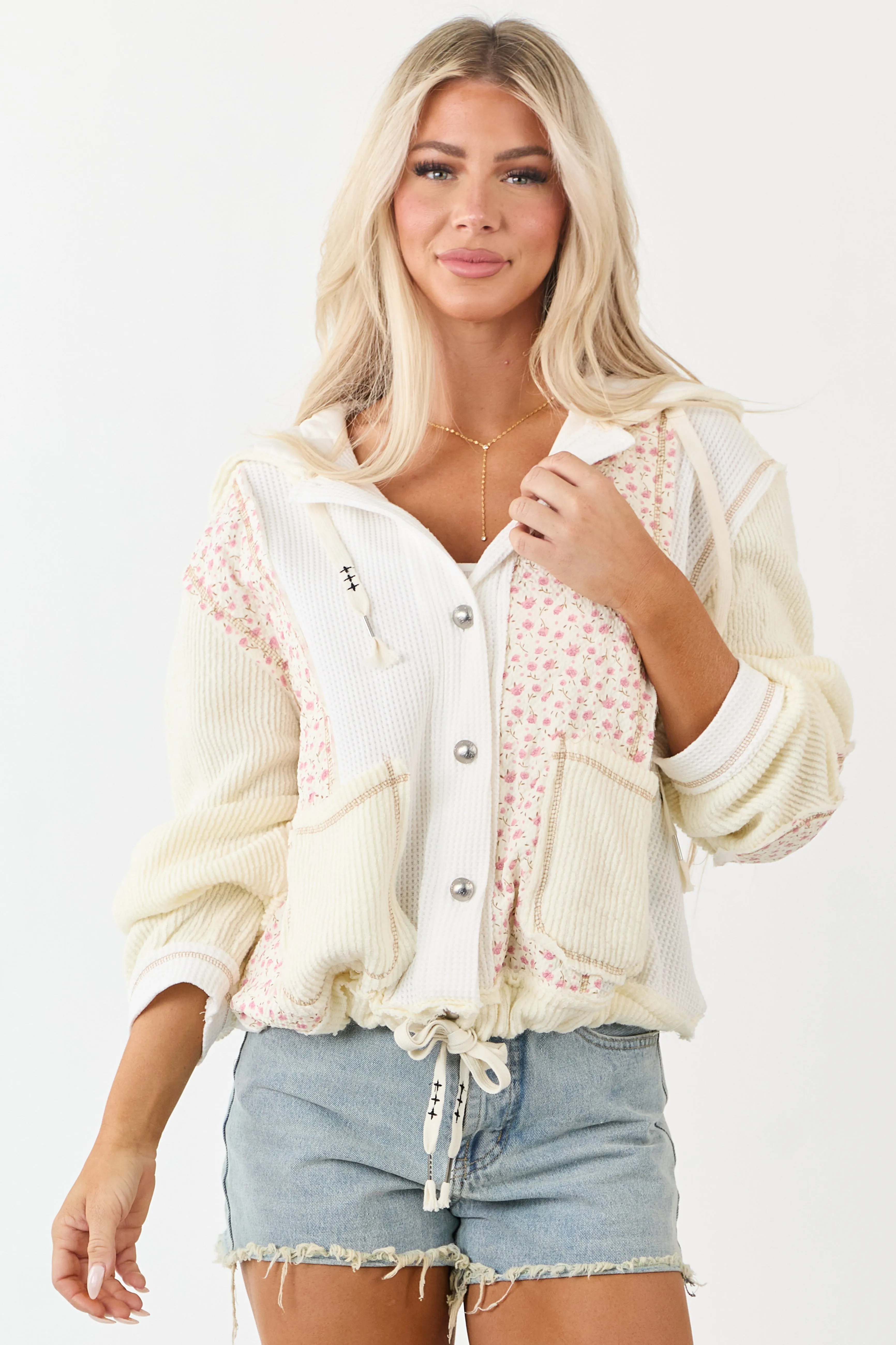 POL Cream Patchwork Button Down Hooded Jacket sold by Lime Lush