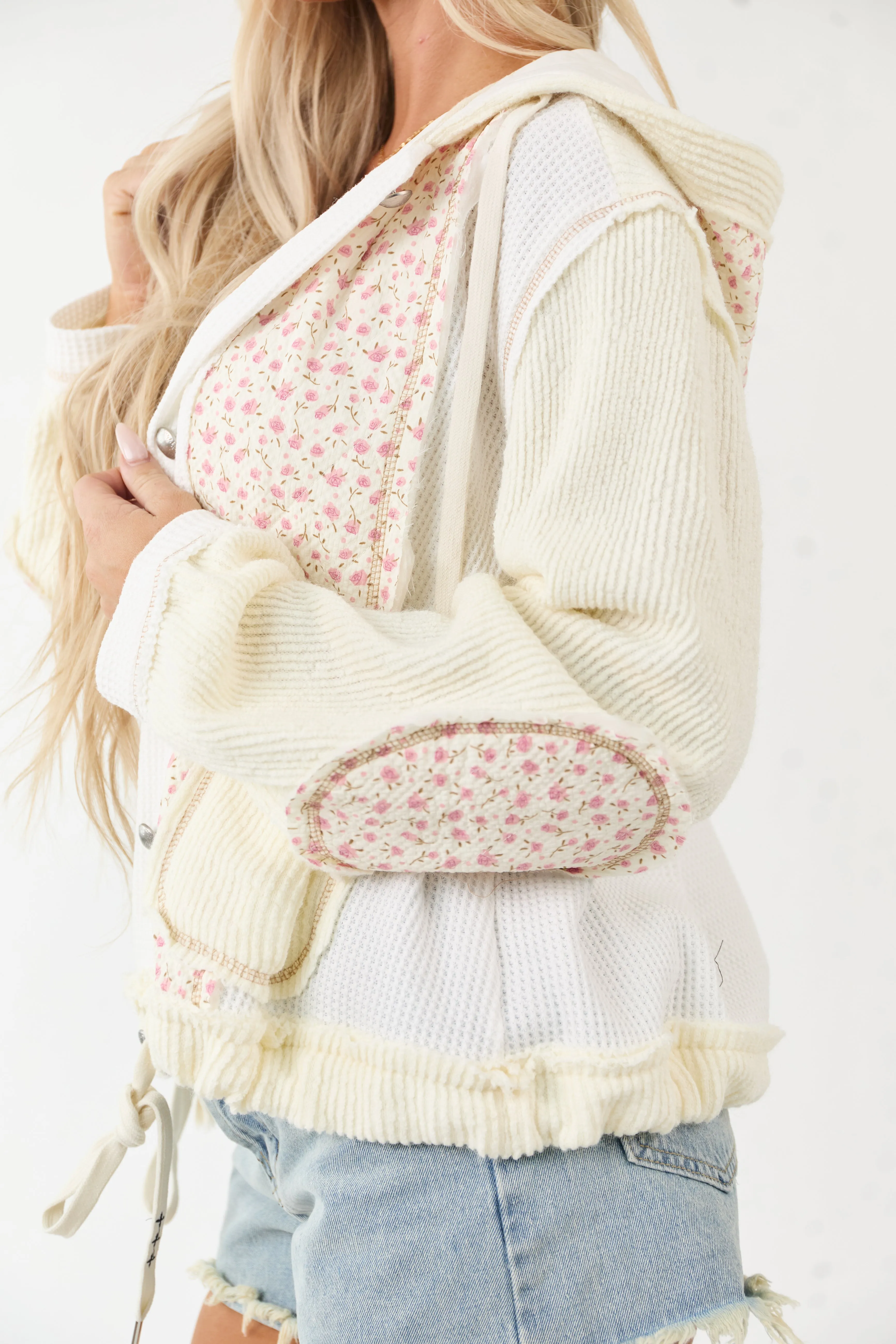 POL Cream Patchwork Button Down Hooded Jacket sold by Lime Lush product image thumbnail 3