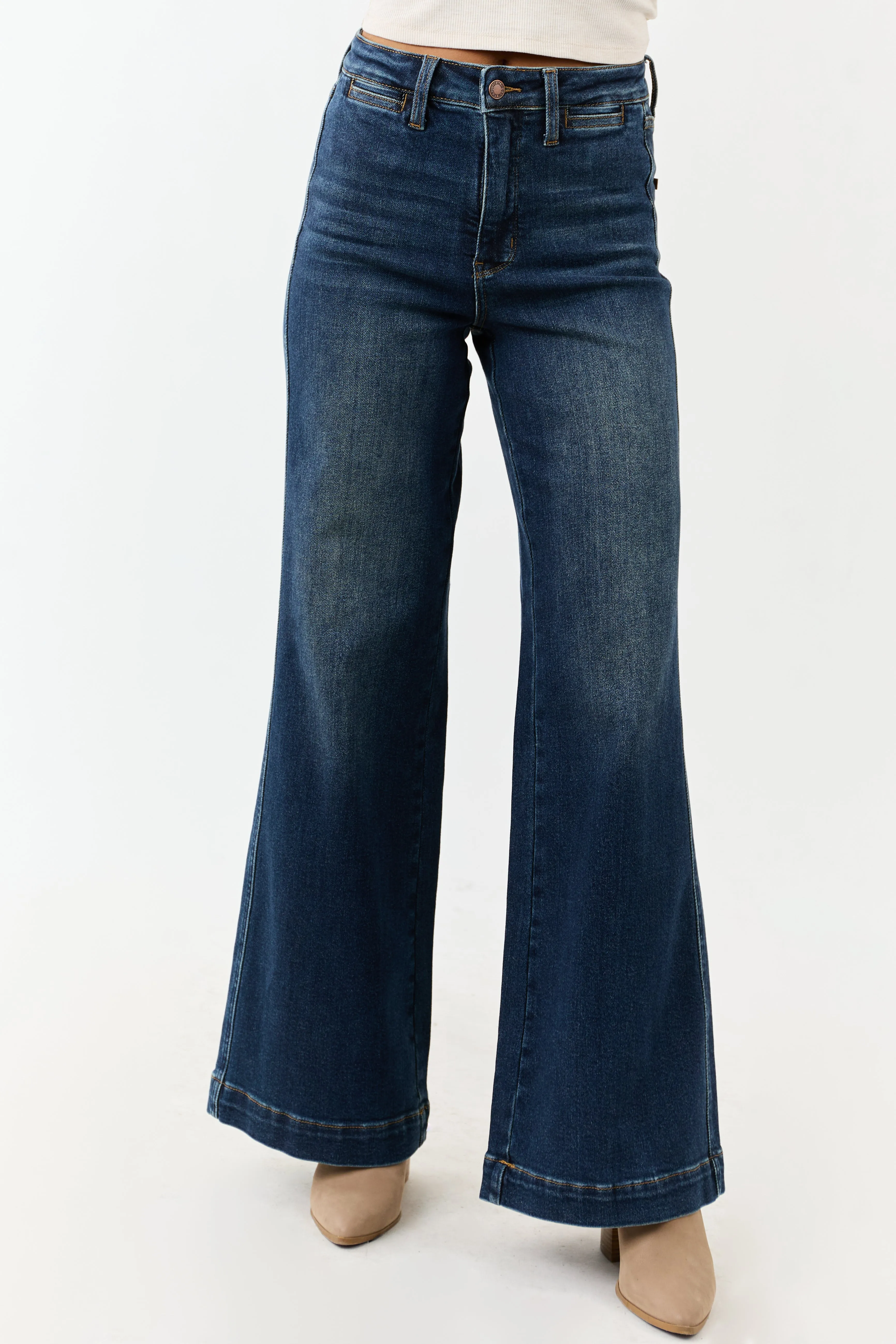 Judy Blue Dark Wash Tummy Control Stretchy Wide Jeans sold by Lime Lush
