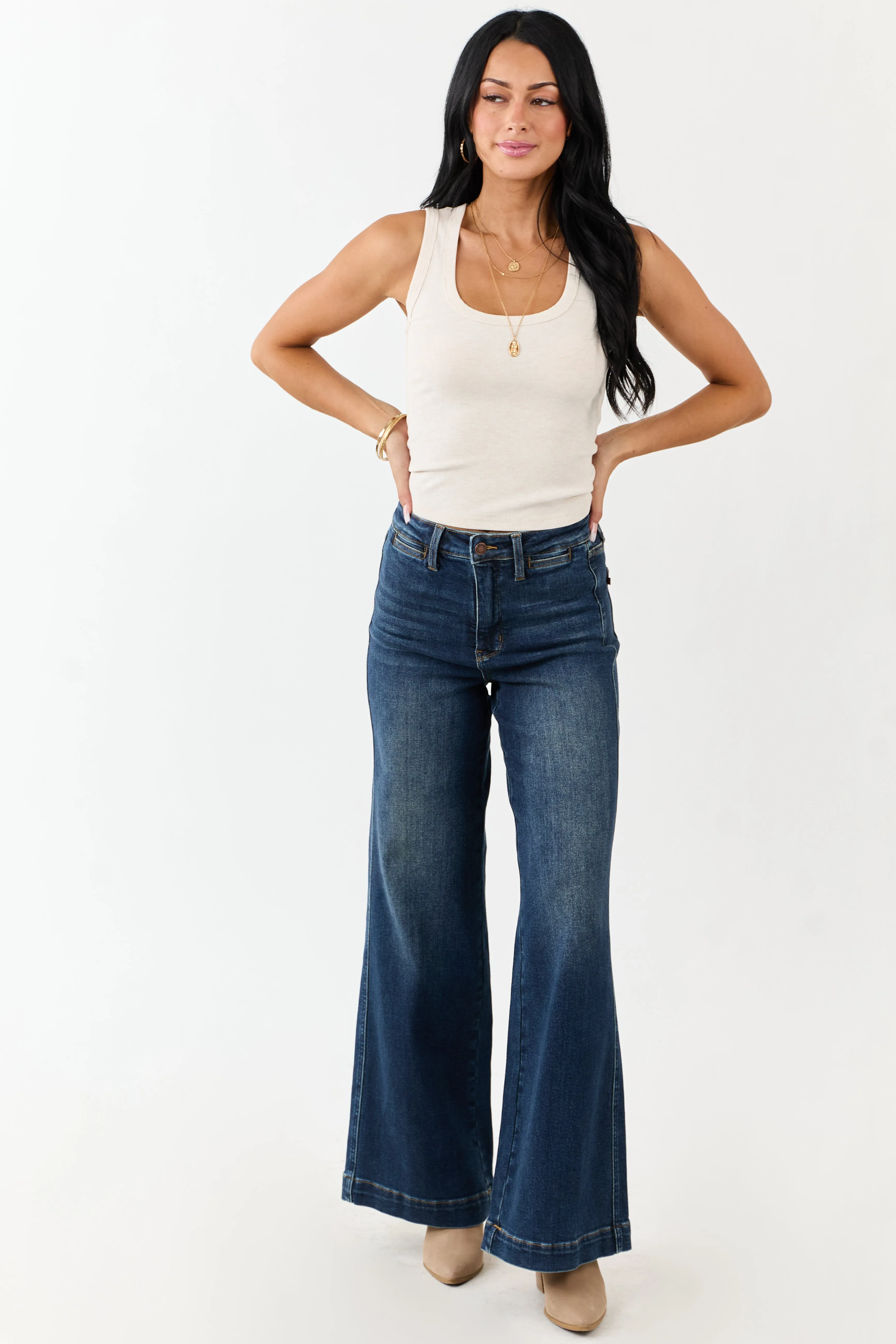 Judy Blue Dark Wash Tummy Control Stretchy Wide Jeans sold by Lime Lush product image thumbnail 5