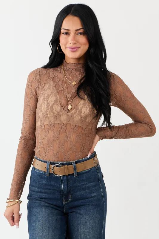 Coffee High Neck Long Sleeve Mesh Top sold by Lime Lush