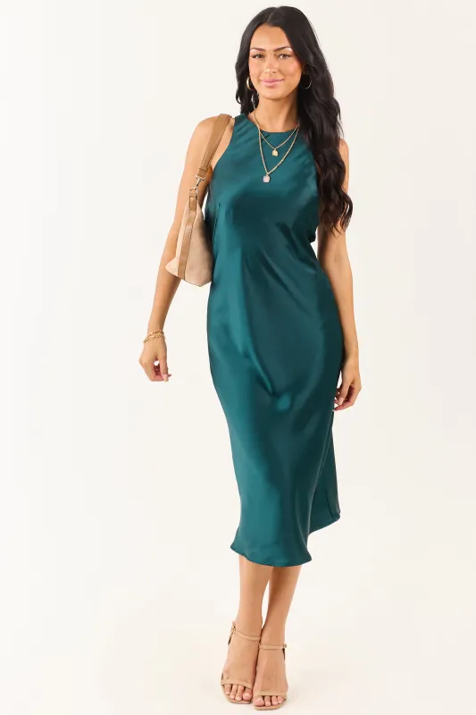 Dark Pine Satin Sleeveless Midi Slip Dress sold by Lime Lush