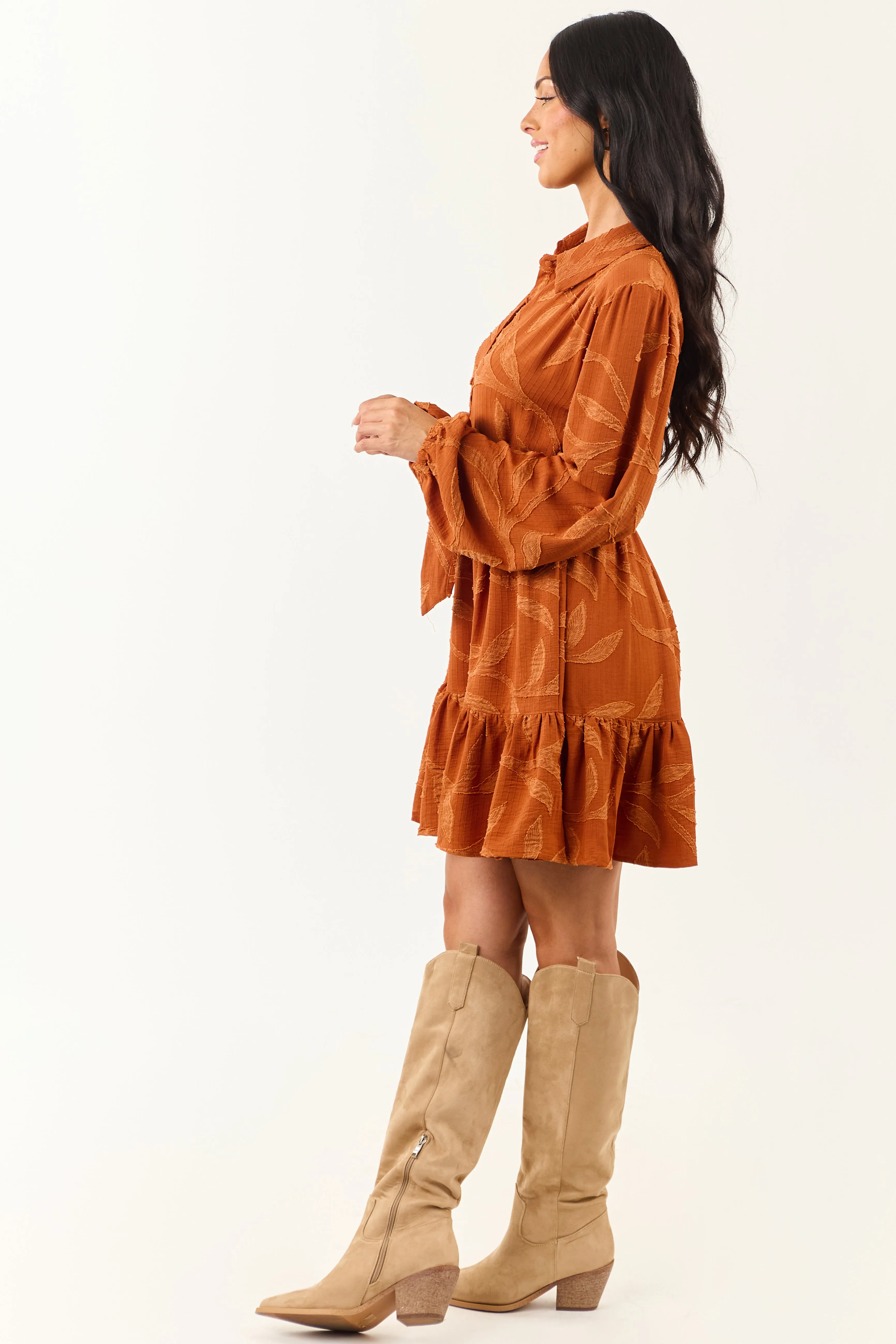 Rust Textured Jacquard Leaf Collared Mini Dress sold by Lime Lush product image thumbnail 4
