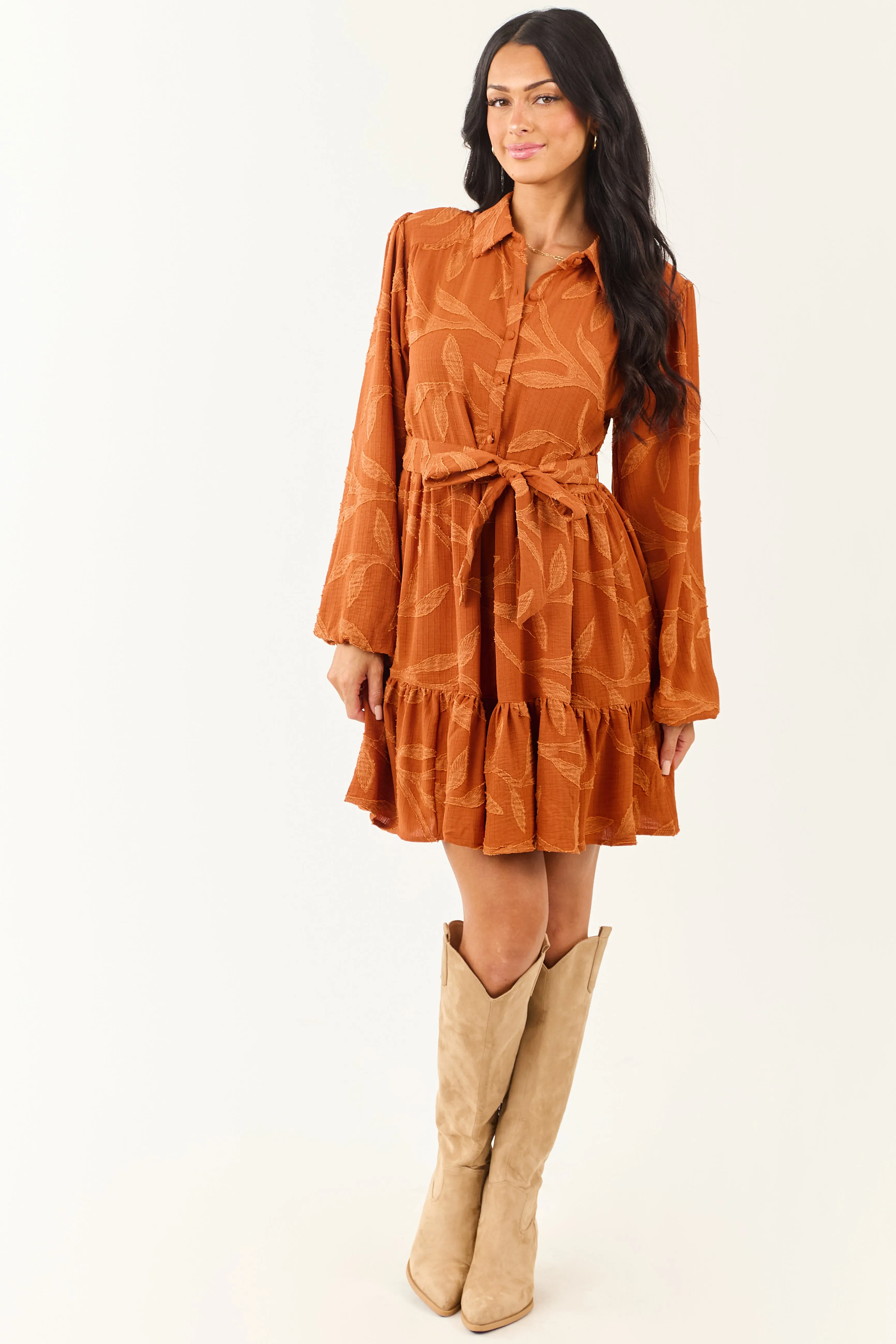 Rust Textured Jacquard Leaf Collared Mini Dress sold by Lime Lush product image thumbnail 2