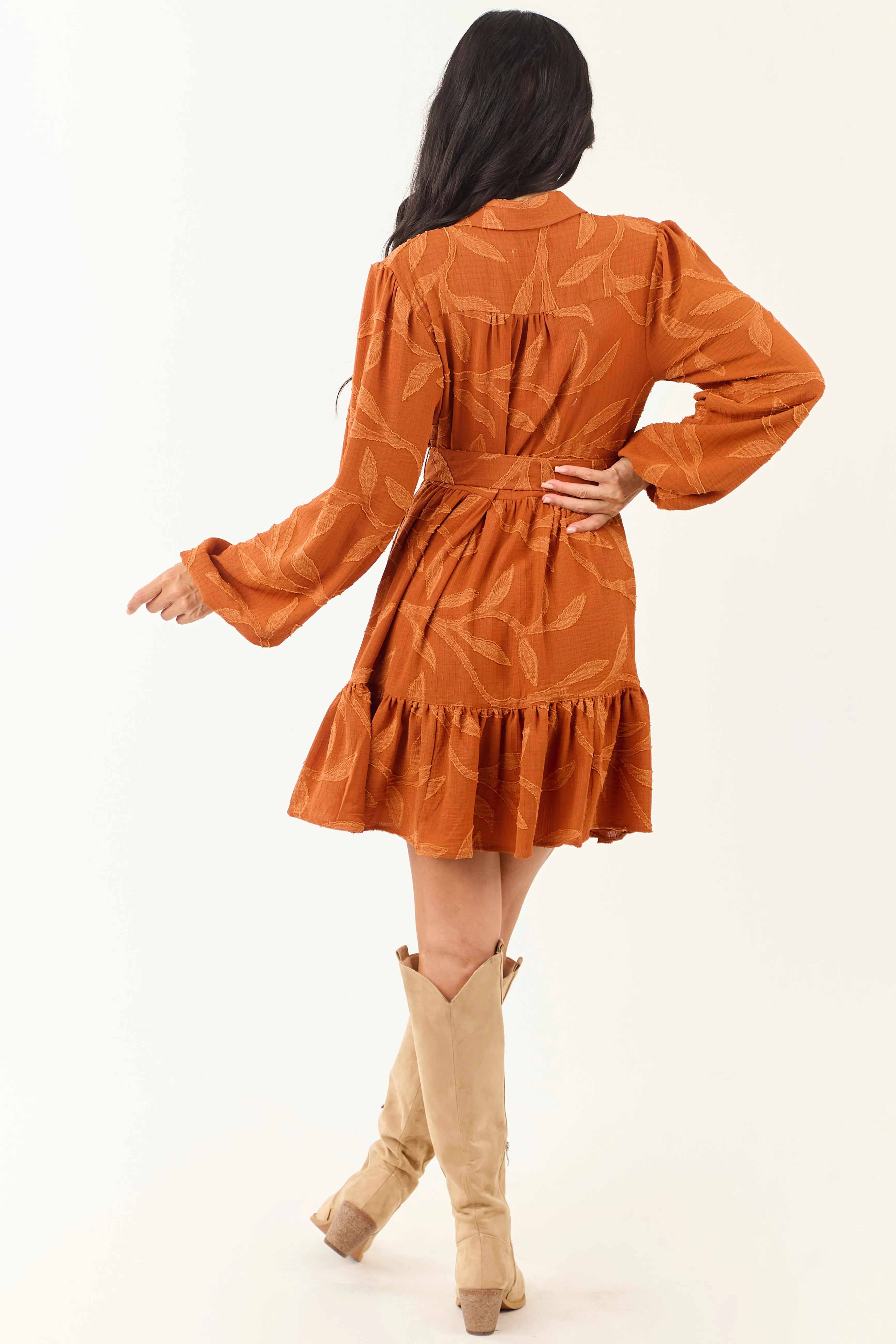 Rust Textured Jacquard Leaf Collared Mini Dress sold by Lime Lush product image thumbnail 5