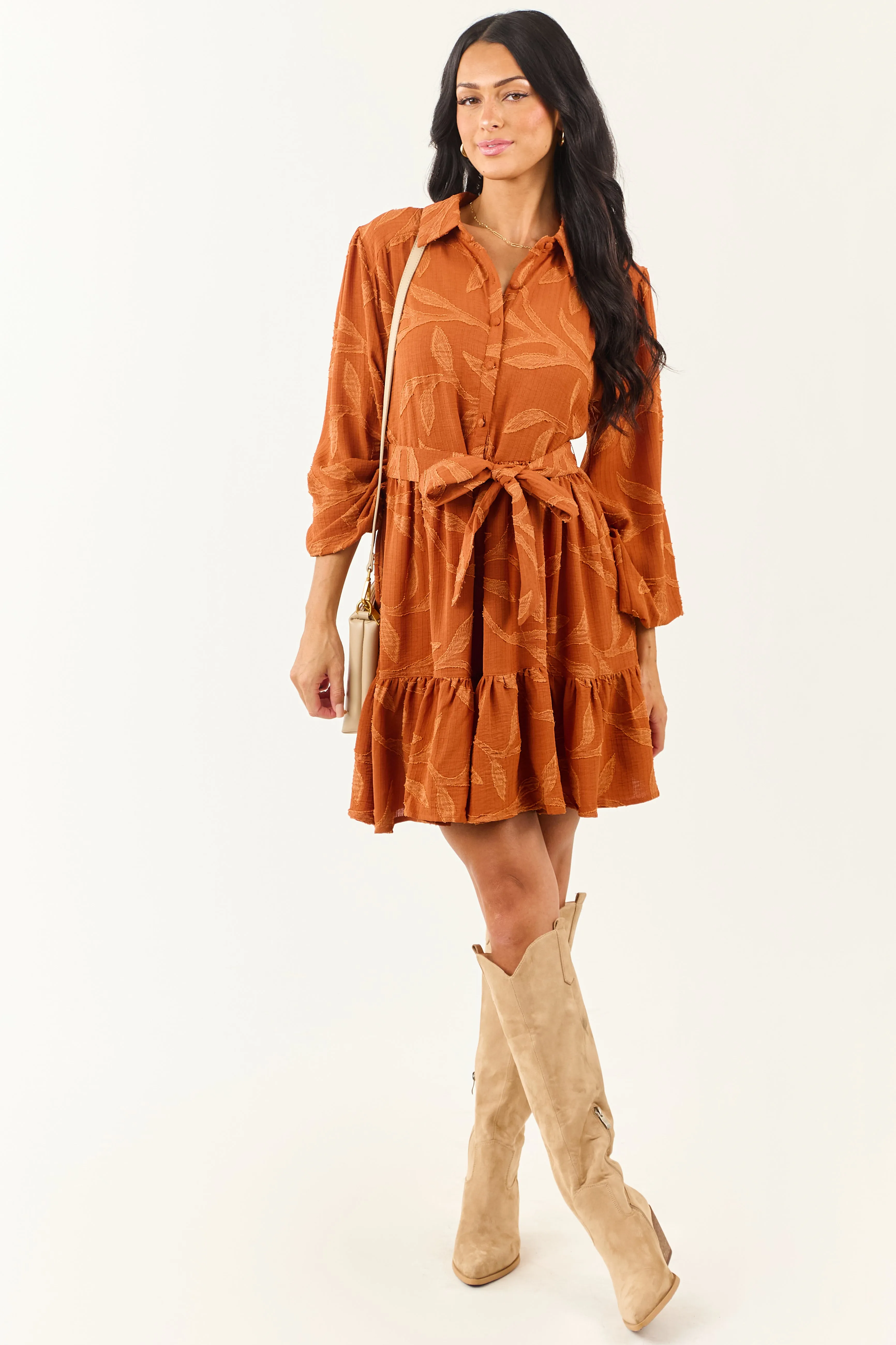 Rust Textured Jacquard Leaf Collared Mini Dress sold by Lime Lush
