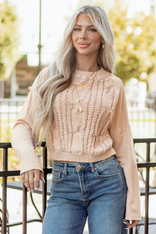 Dusty Blush Contrast Sleeve French Terry Knit Sweater sold by Lime Lush